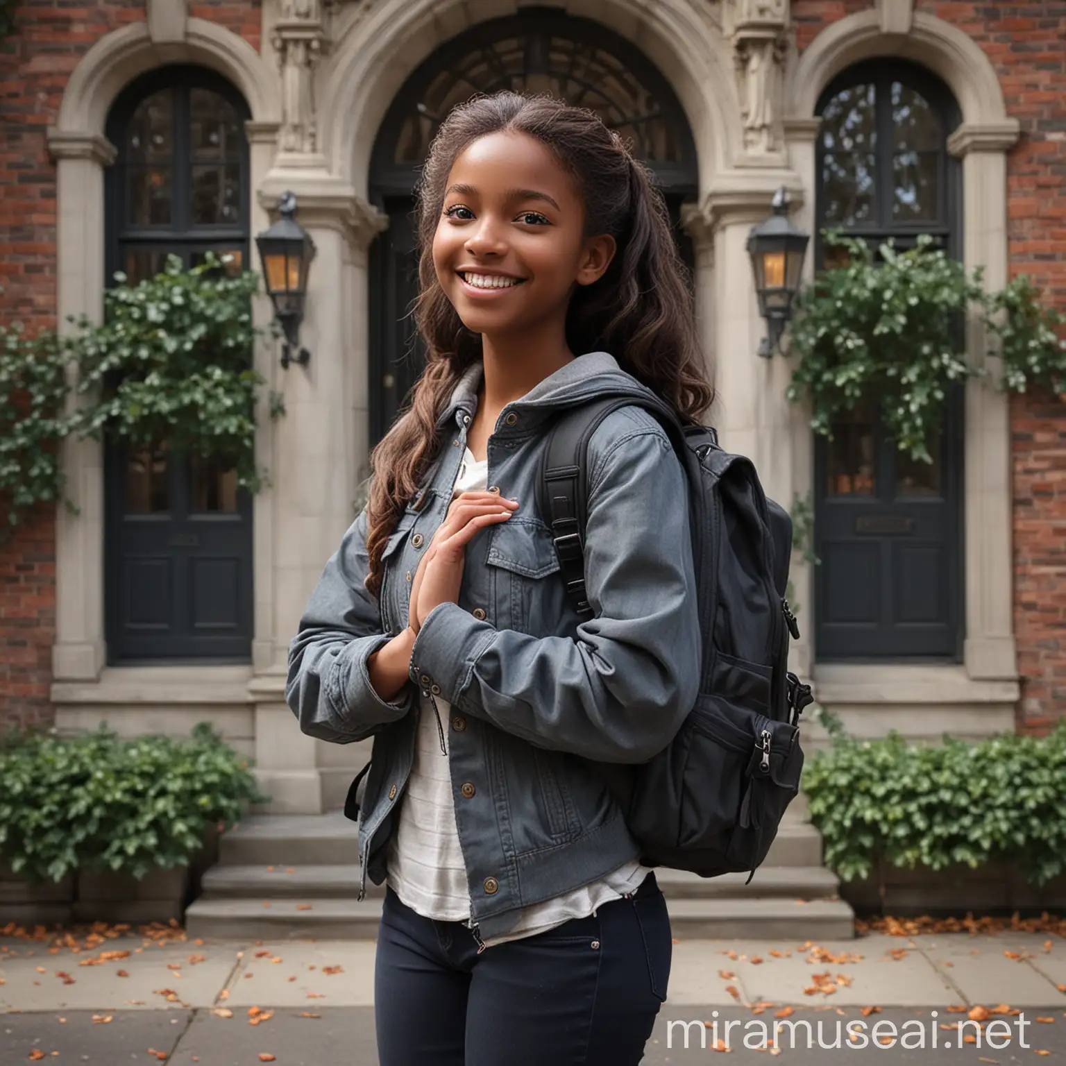 Half pose very beautiful realistic dark girl with backpack in front of an ivy League building. She eludes confidence with a simple decent dressing. Very detailed, she is facing the camera with a bright smile on her face. Her hands are crossed in an authentic pose