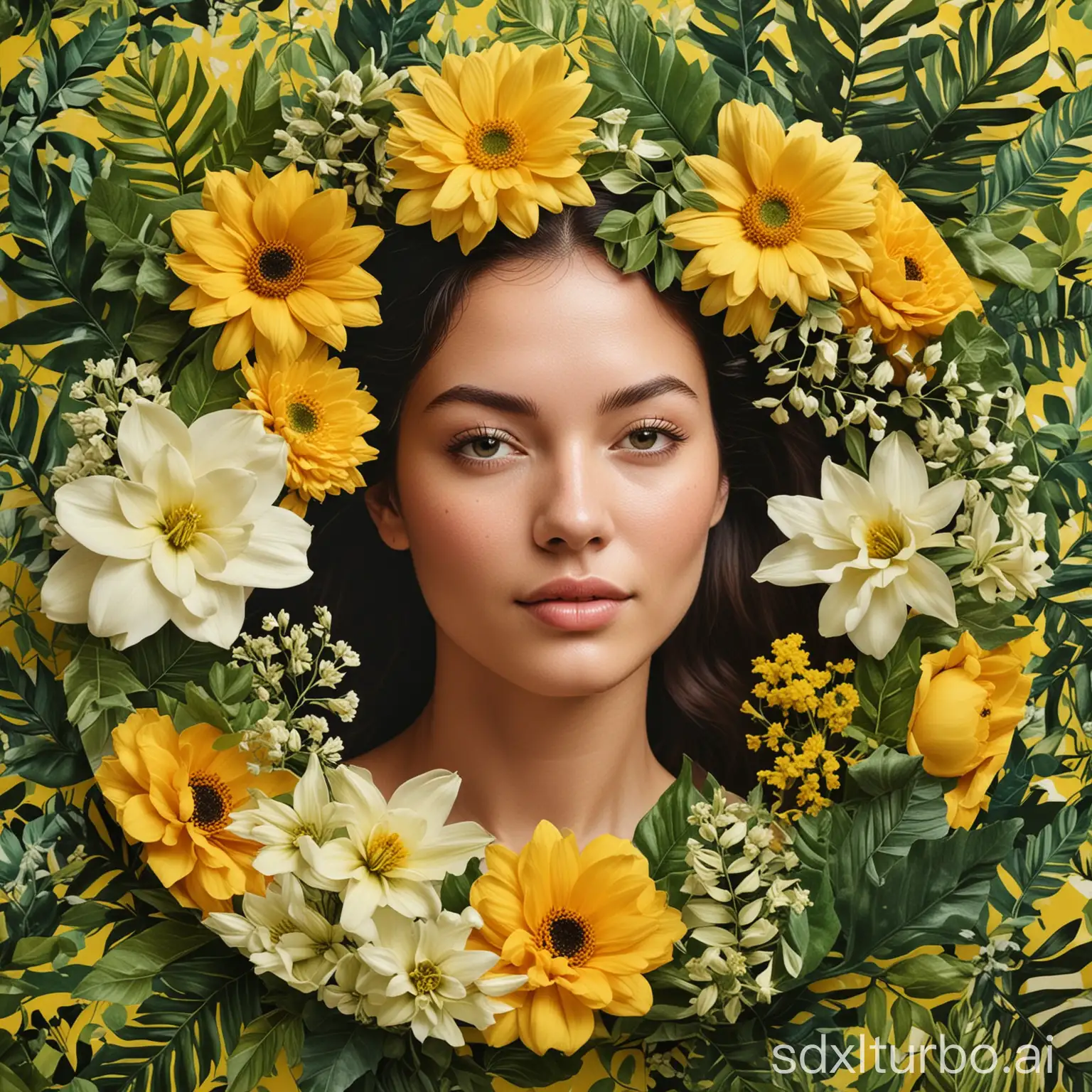 The image is a vibrant collage featuring a woman's face and body, with a floral design in the center. The woman's face is the focal point, with a black and white color scheme. The background is a solid yellow circle, and the woman's body is adorned with green leaves and flowers. The collage is a harmonious blend of colors and shapes, creating a visually striking composition.