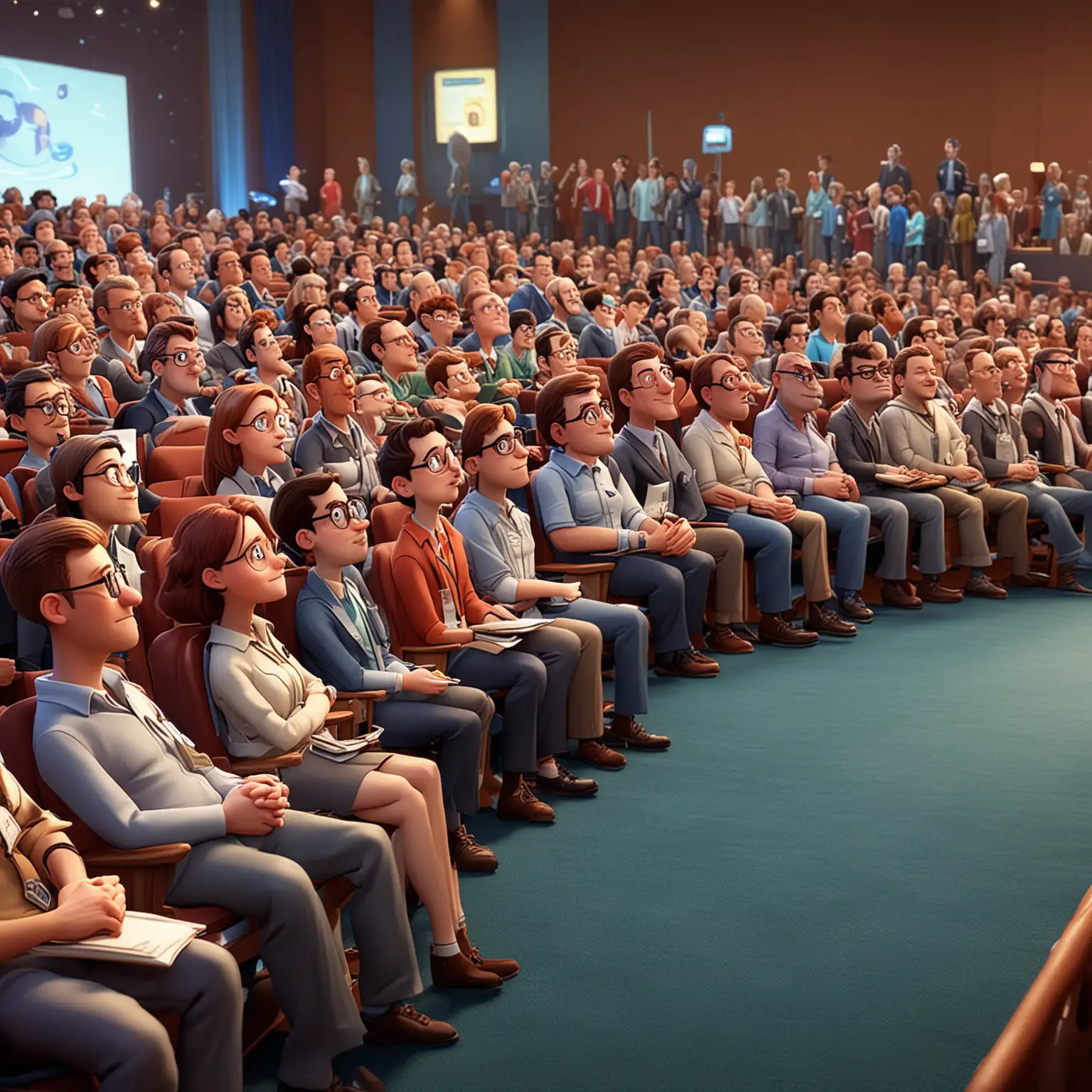 A comical scene inside a science conference depicted in Disney Pixar 3D animation style. many people sitting in a conference.