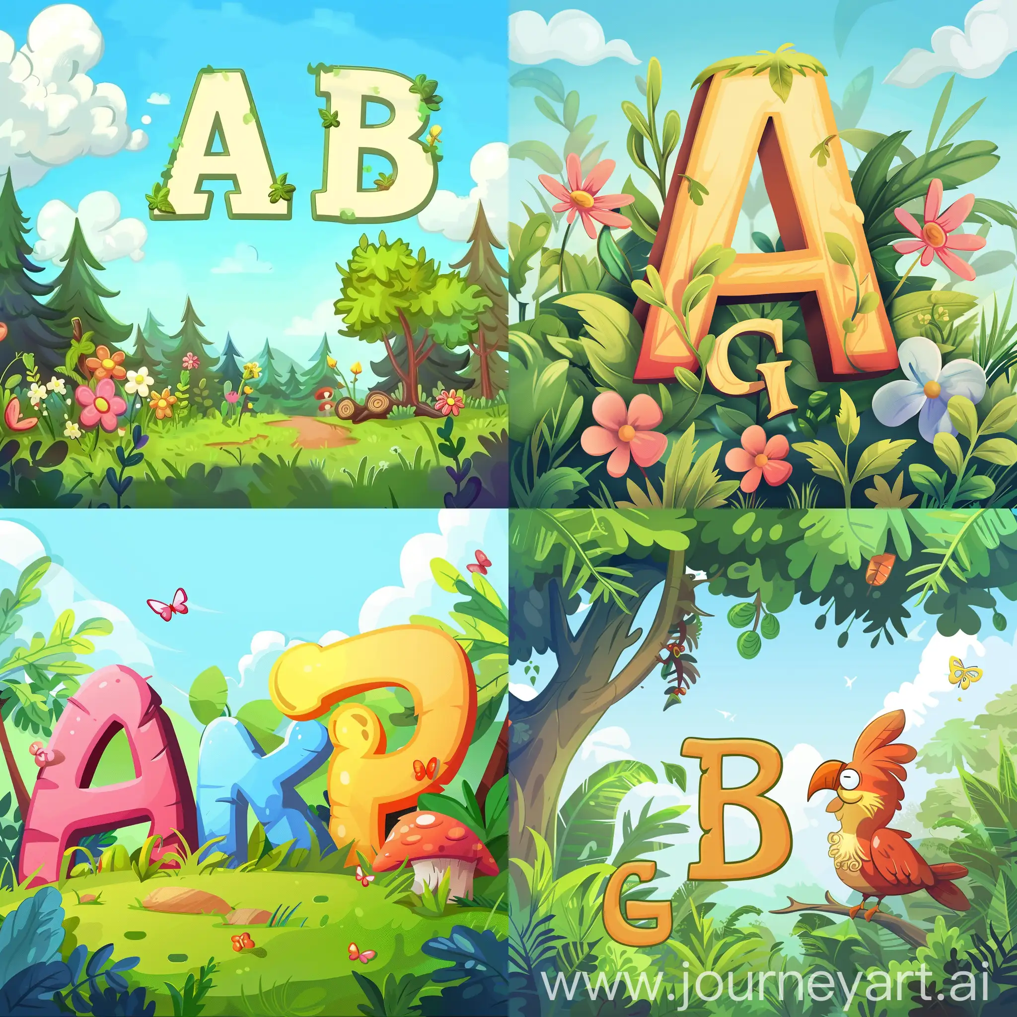 background for the game, children's style, cartoon style, letter A, B, C, G - Russian Arial font, nature
