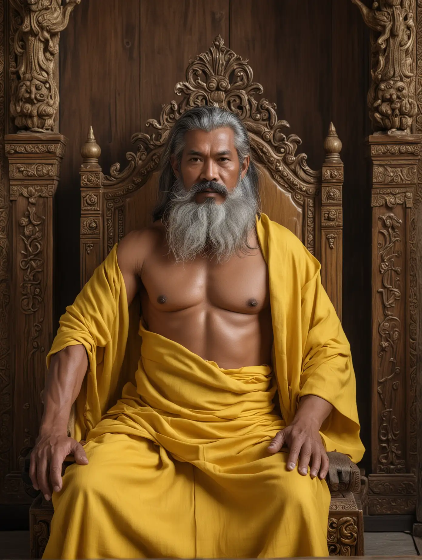 65 year old Indonesian male king, muscular, dark skinned, long gray hair and mustache and beard, wearing a yellow cloth, bare chested, sitting on a wooden throne, around him there are 2 cats in the palace