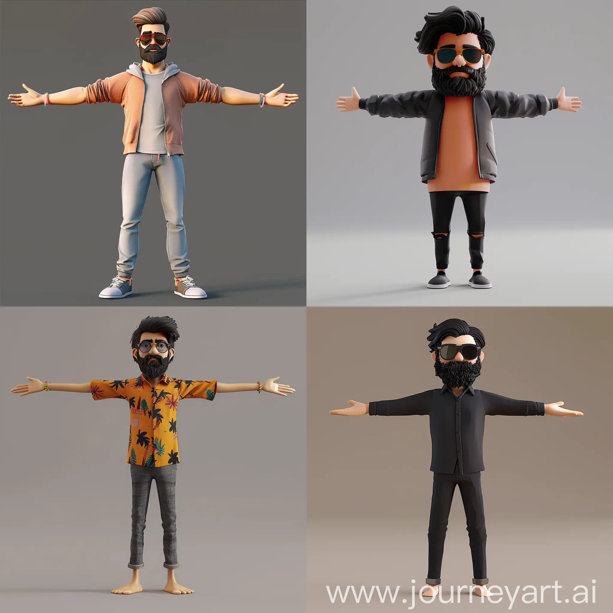 Create a 3D character model based on this image of a man. The character should be posed in a standard T-pose with arms extended horizontally and legs straight and parallel. The character should have the same facial features, hairstyle, beard, sunglasses, and clothing as depicted in the image. Ensure that the lower half of the body, including the legs and feet, are accurately generated and proportionate to the upper half of the body. Maintain the style and color of the clothing. Provide a neutral background for clarity