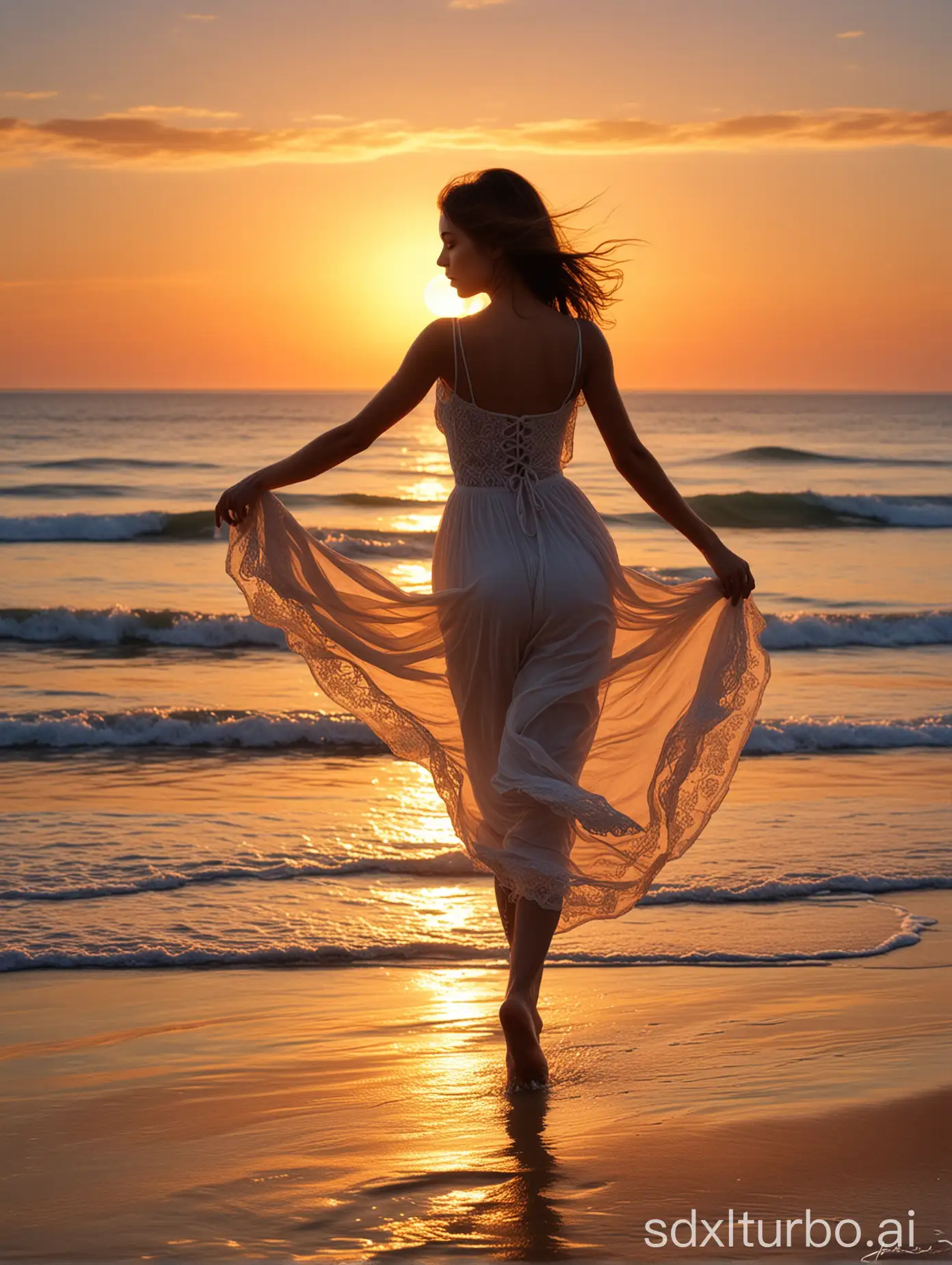 美しい景色、海、夕焼け、超繊細、傑作、遠くで踊る少女の後ろ姿、遠写
