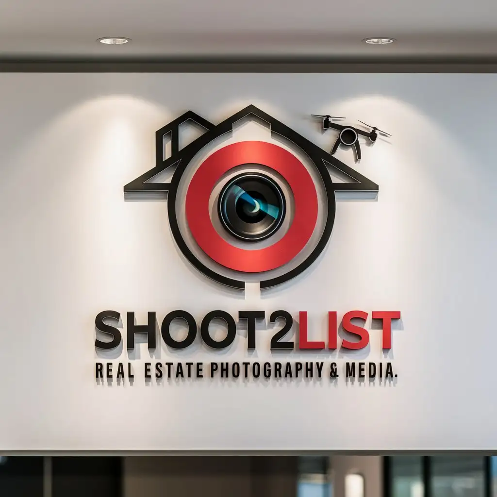a logo design,with the text "SHOOT2LIST real estate photography & media", main symbol:the logo would like to include a camera lens, camera, drone, and house/commercial building blended to make a professional logo. preferred colors red and black.  must be white signboard mockup,Moderate,clear background