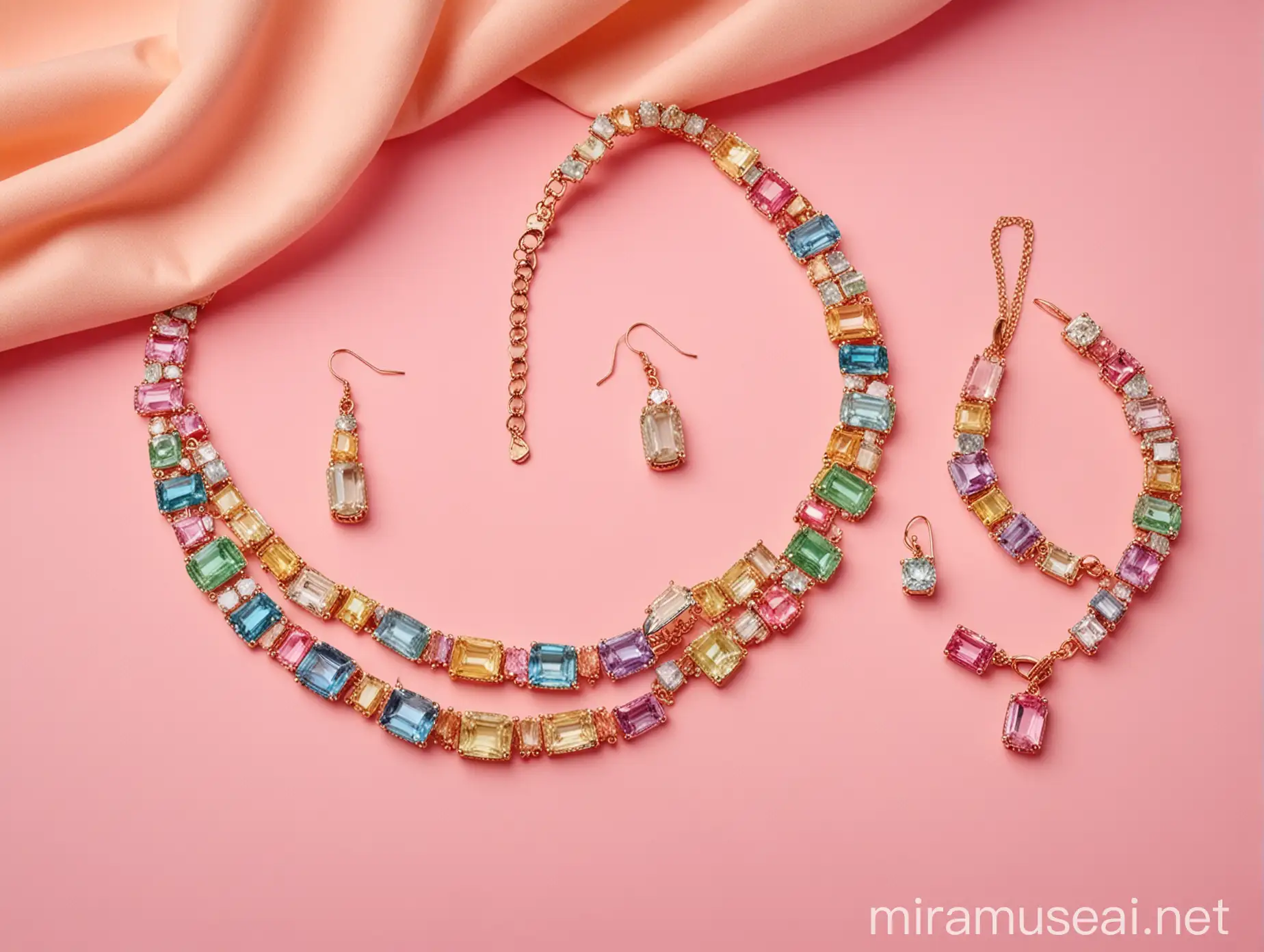 Vibrant Baguette Gemstone Jewelry Set with Pastel Background