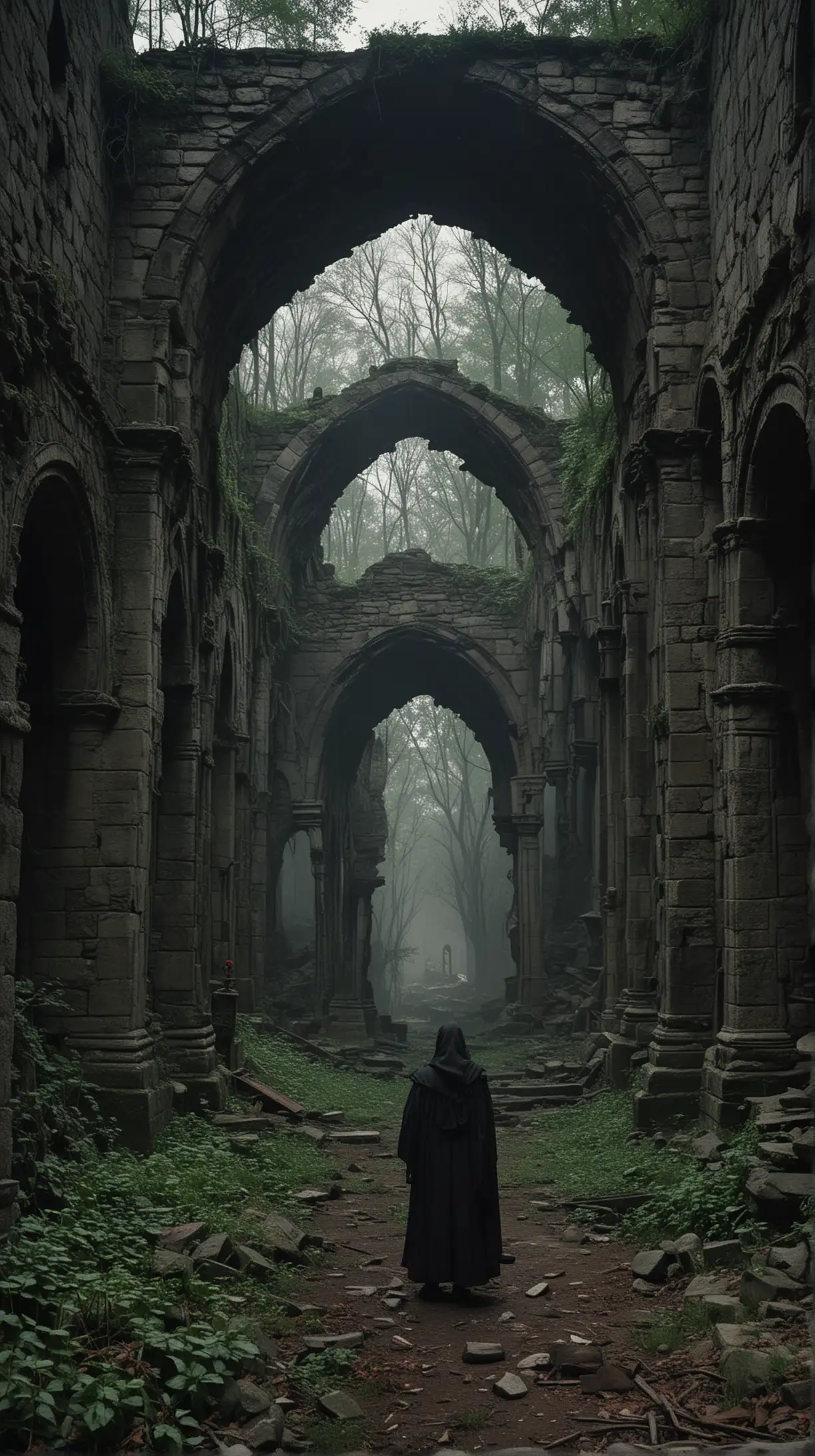 Deep within a forgotten forest, the ruins of St. Aradia’s Monastery lay shrouded in darkness and whispered secrets. Villagers spoke of eerie disturbances emanating from the decaying site, prompting the Church to send Father Michael, a devout priest, to investigate, very clear and 4k quality photo 
