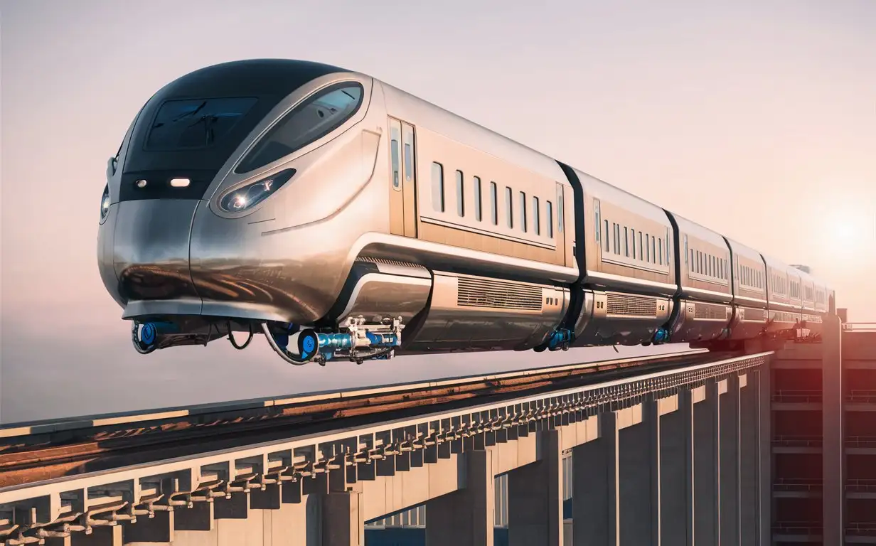 A very REAL, UNIQUE, Huge MAGNETIC LEVITATION Train, very long with modern technology that has a very unique design, never seen before, passing in a very high place, in day light, showcasing detailed technology, length and massive futuristic details