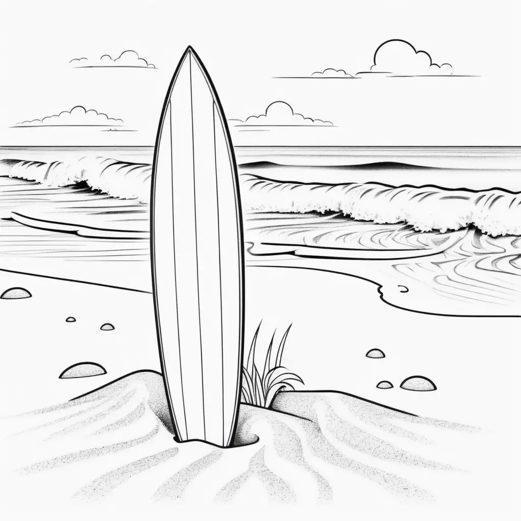 Simple Surfboard Coloring Page with Beach Scene