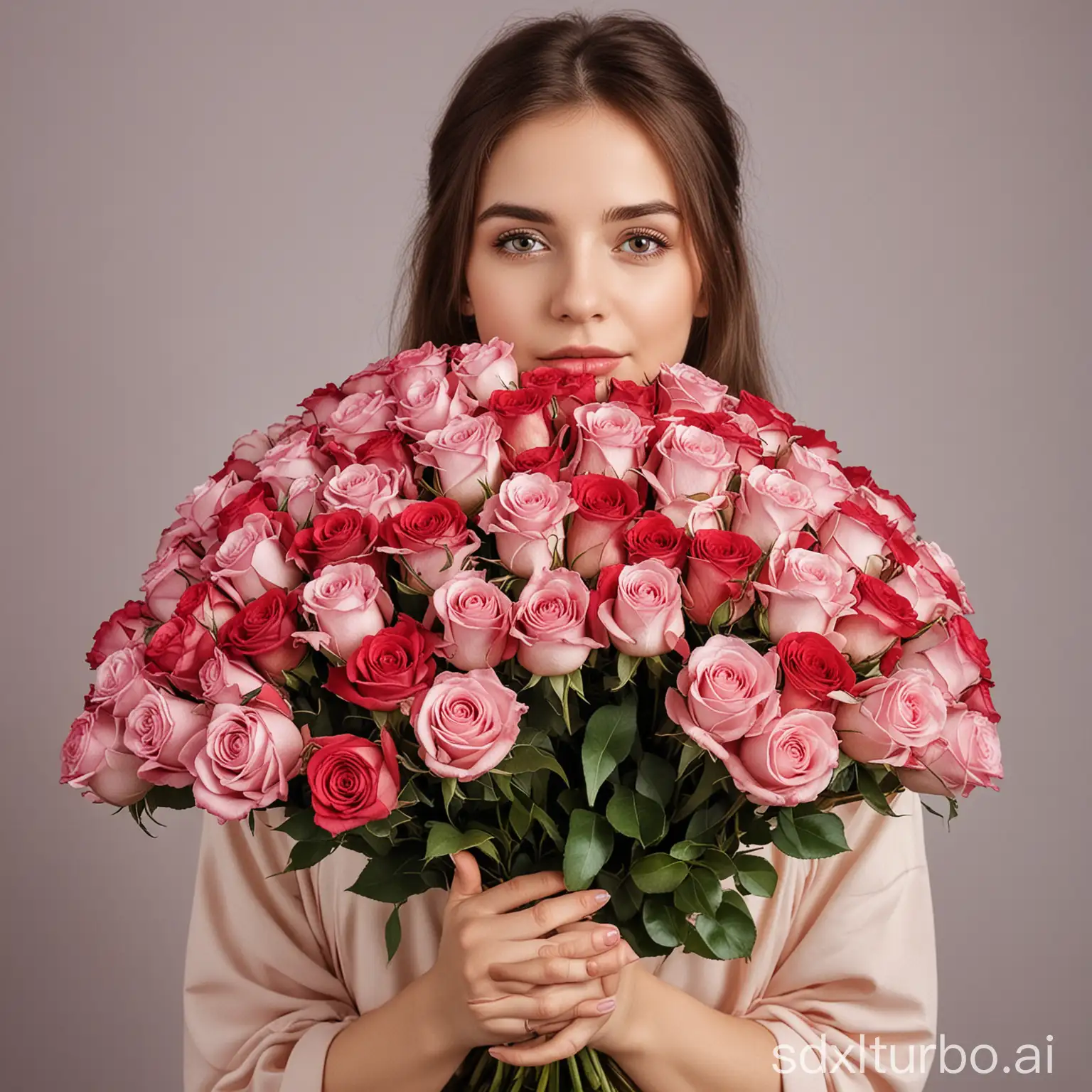 girl holds a large bouquet of roses, covering face with roses
