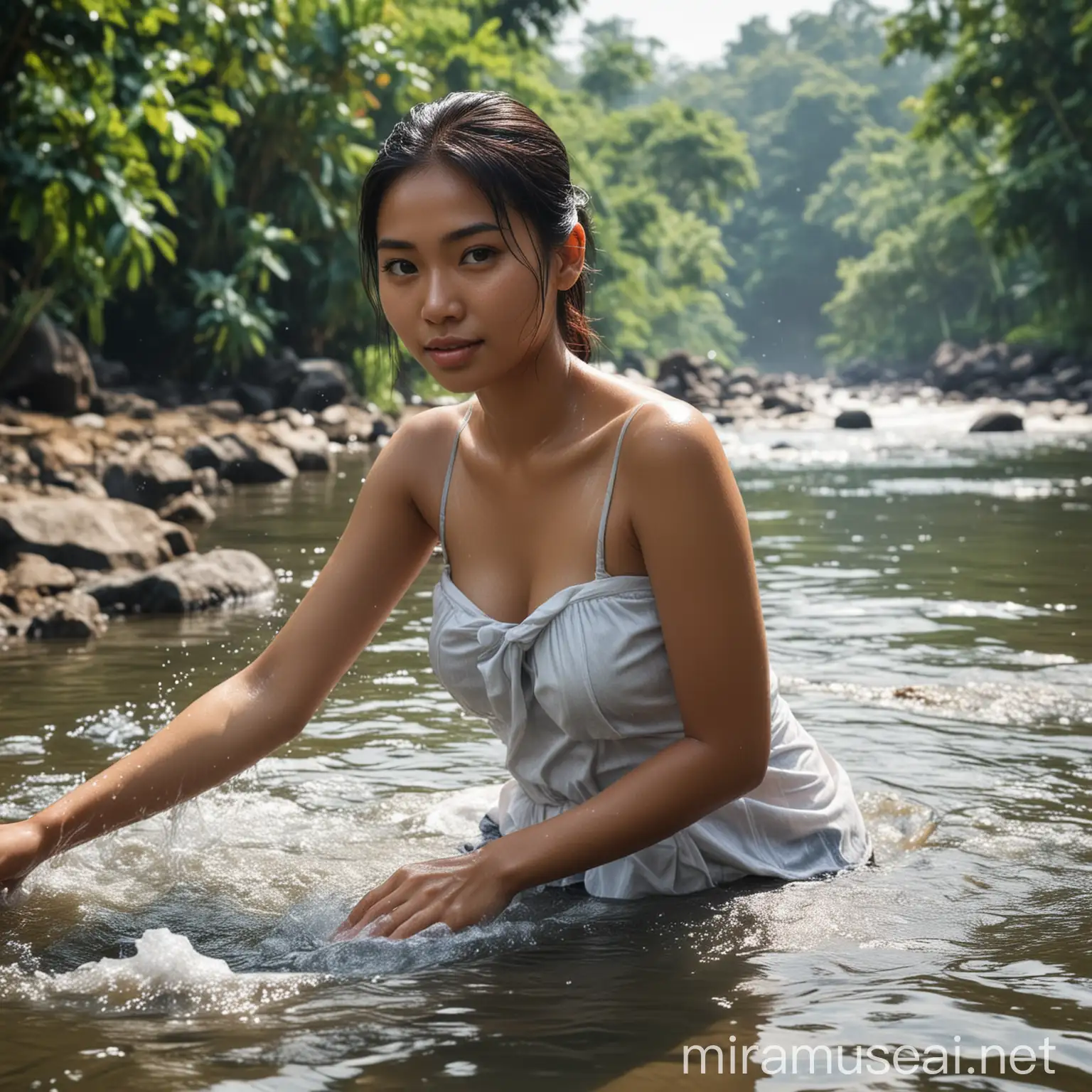 Indonesian Woman Bathing and Washing Clothes in River