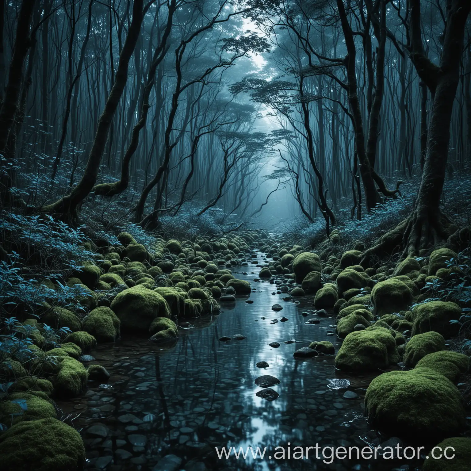 Mystical-BlueToned-Forest-with-Stream-Serene-Japanese-Wilderness