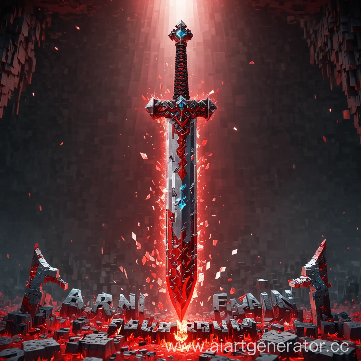 Алмазный меч из майнкрафта,фон адский майнкрафт,4к по середине надпись Faruin красным цветом