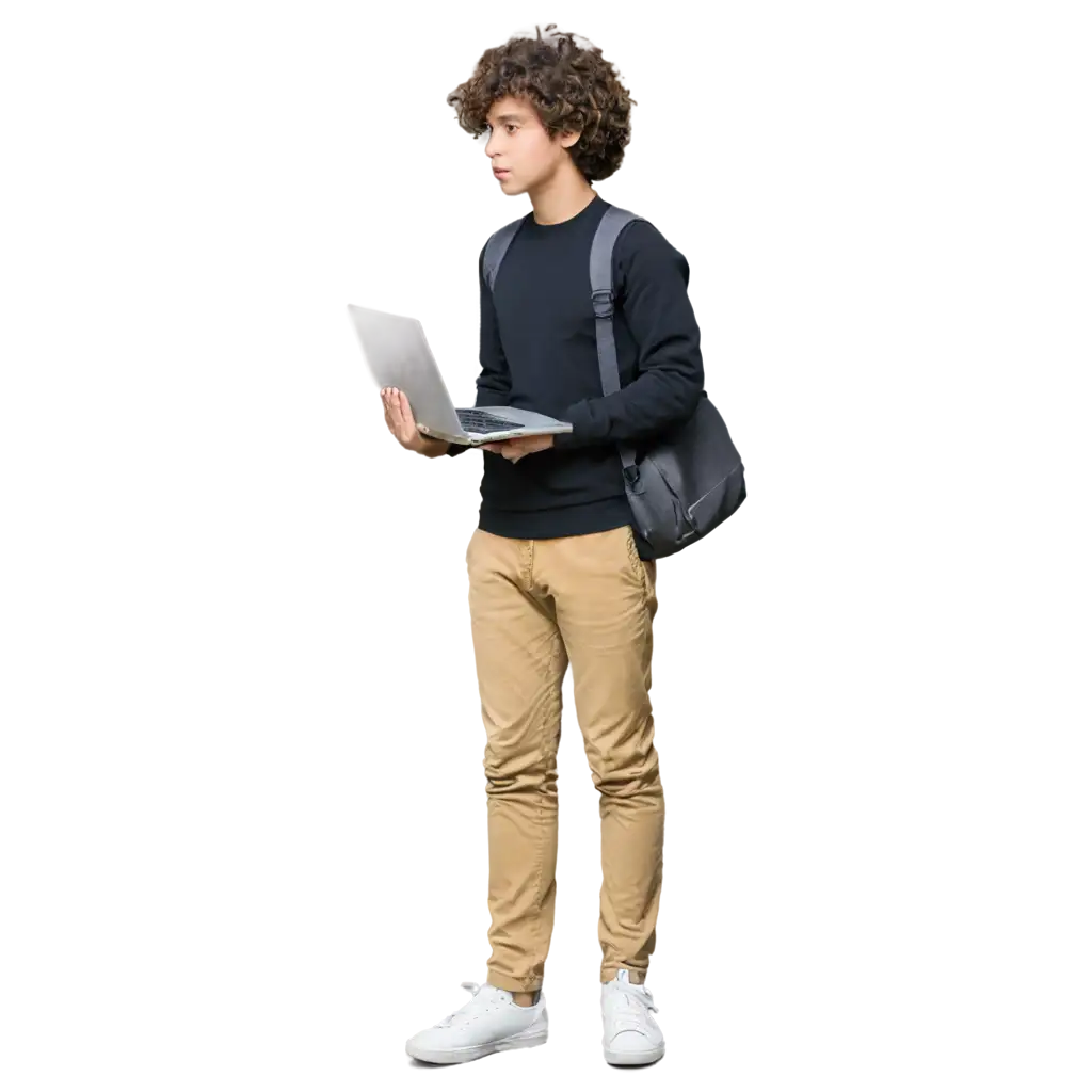 curly hair programmer boy standing, holding a laptop