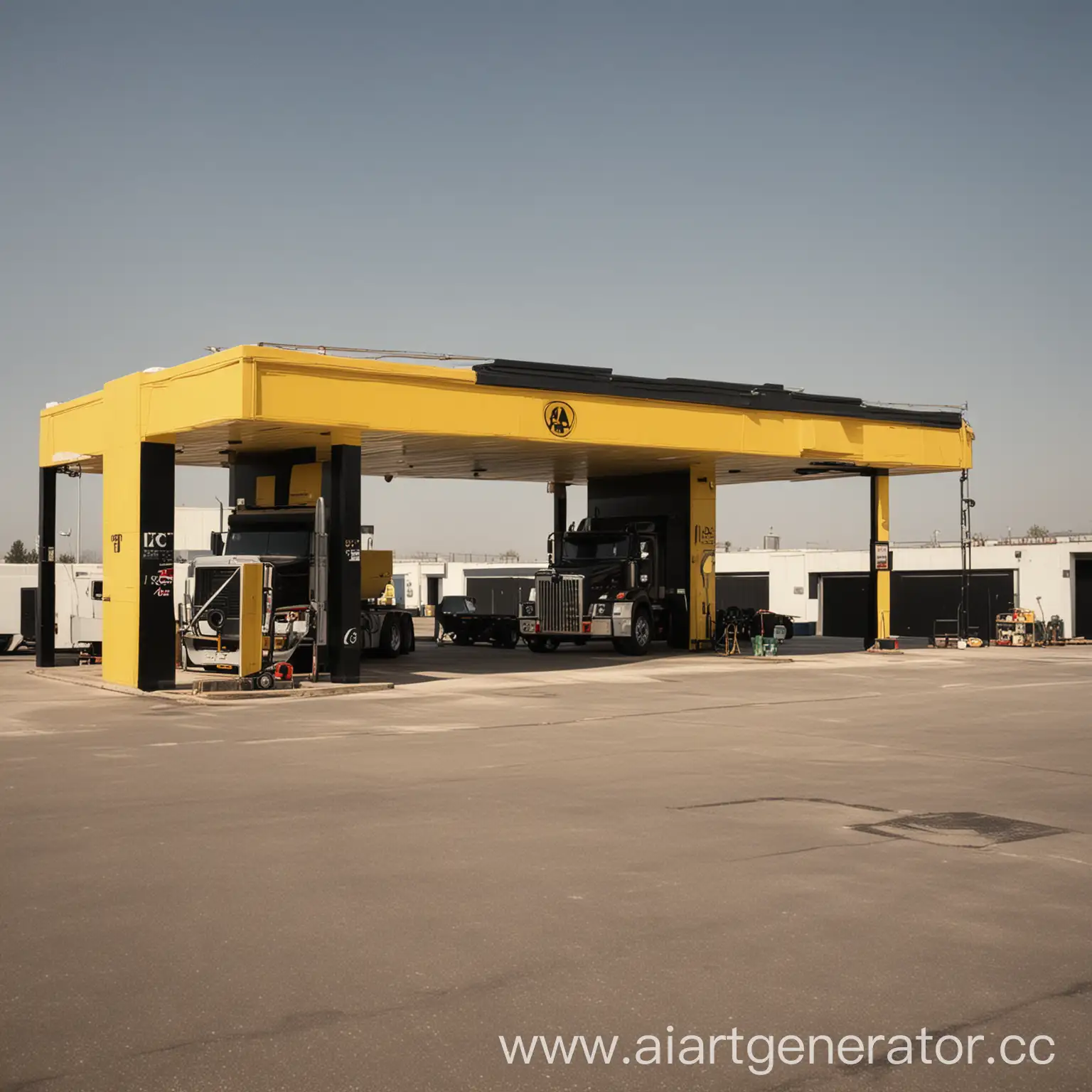 A service station for trucks. The walls are painted yellow and black.