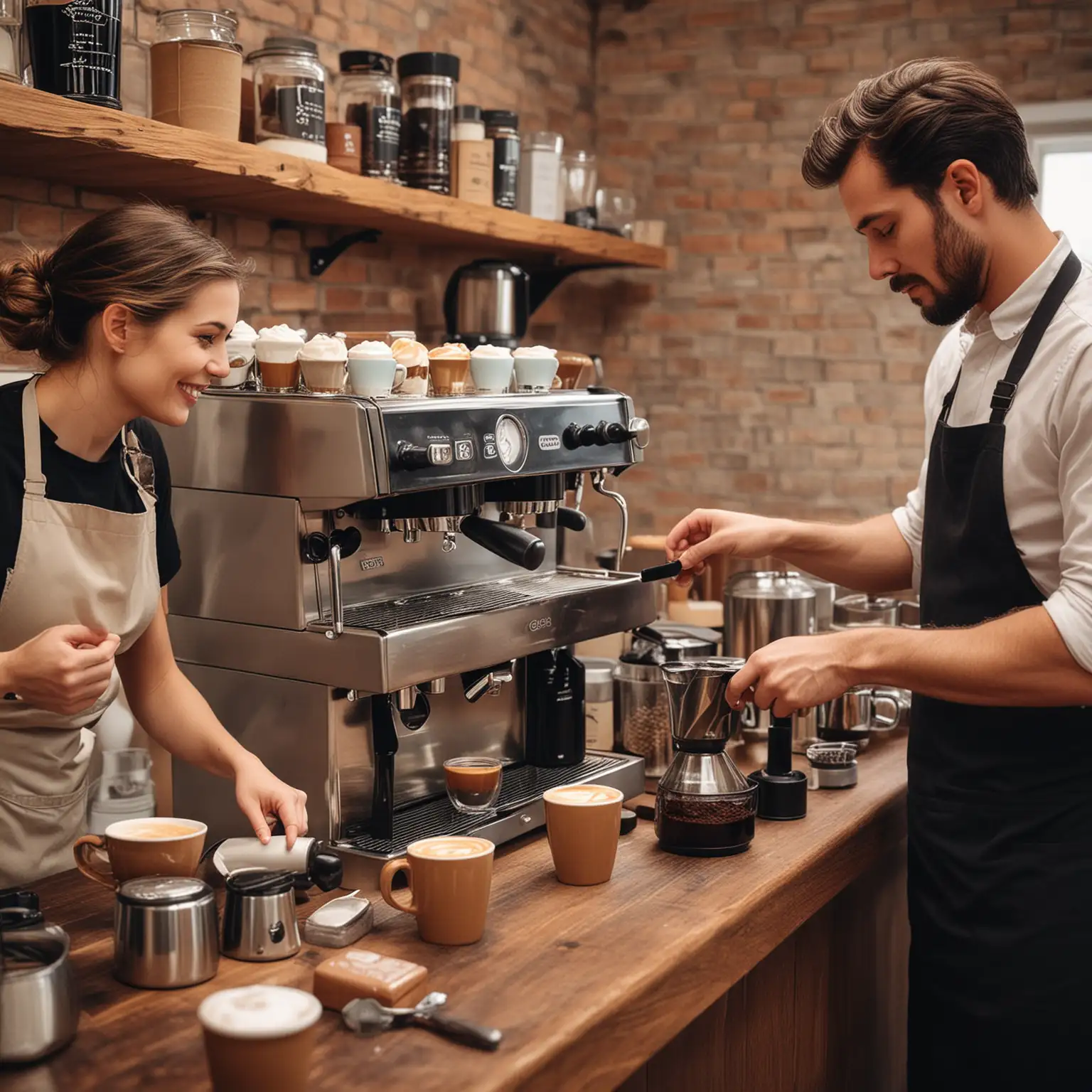 Show me a couple o baristas preparing single origin cups of coffee. Show a cozy coffee shop in the background with professional coffee machines and a coffee grinder