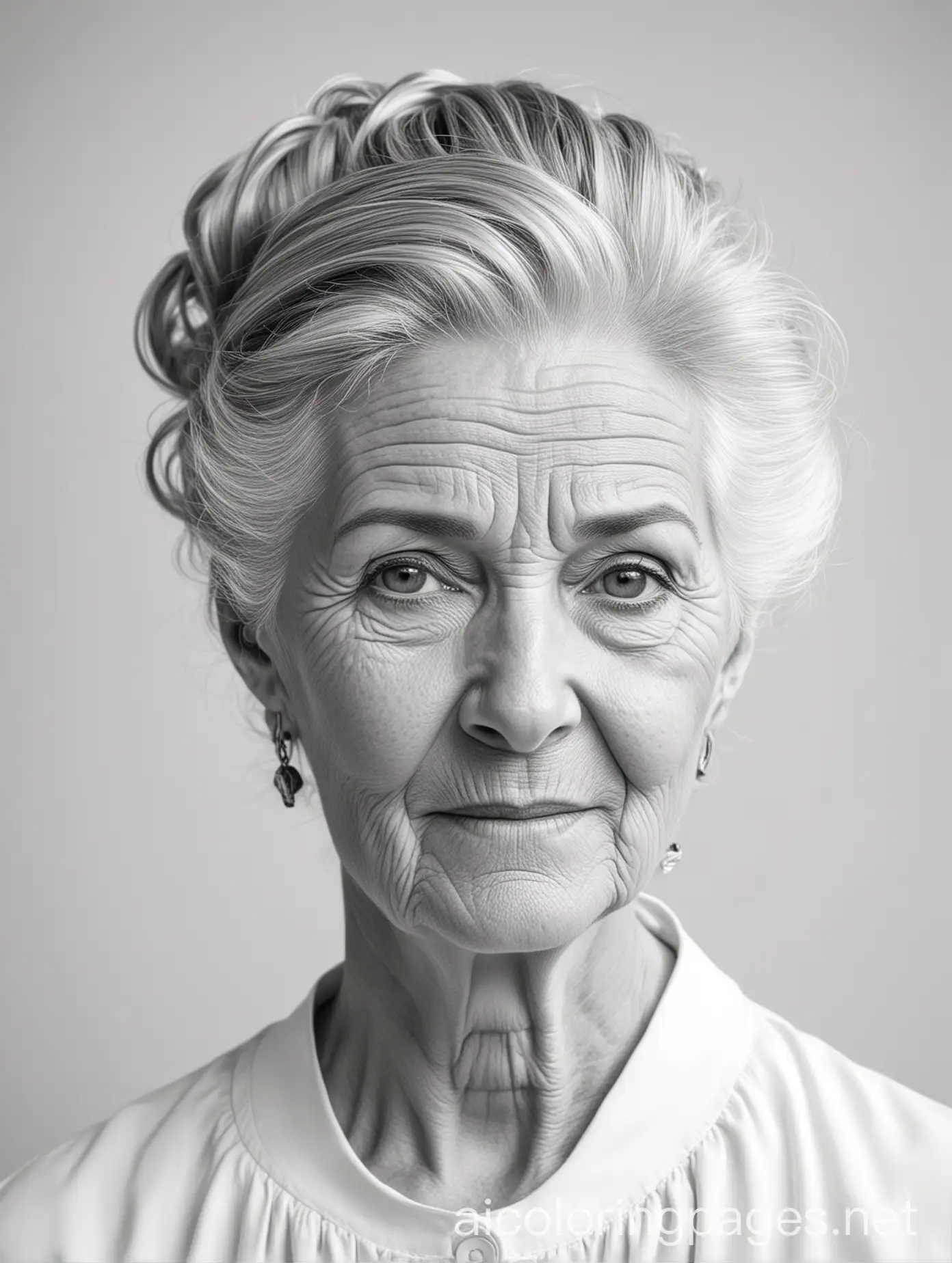 portrait of old woman with bridgeton updo, Coloring Page, black and white, line art, white background, Simplicity, Ample White Space. The background of the coloring page is plain white to make it easy for young children to color within the lines. The outlines of all the subjects are easy to distinguish, making it simple for kids to color without too much difficulty