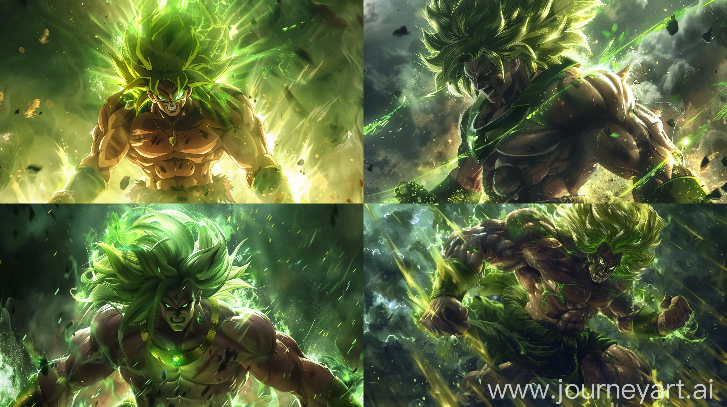 Broly super Saiyan from Dragon Ball Super, enraged, action scene, very large muscles, green hair, realistic anime style, the best quality, perfect details, 8K,solo,looking at viewer, green light and yellow image quality, hyper realistic painting, action scene, cinematic, magical glowing aura. --ar 16:9