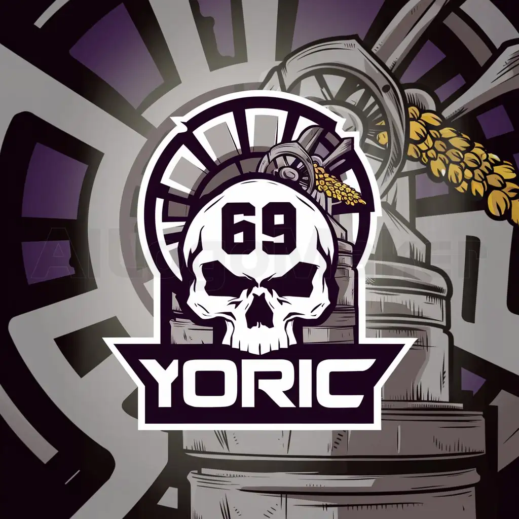 a logo design,with the text "YORIC", main symbol:a skull with the numbers 69, a grain mill in the background,complex,clear background
