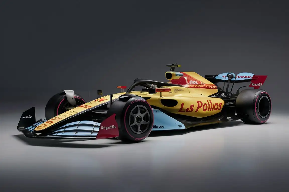 Los pollos hermanos f1 car, yellow with red and light blue and white sponsors only , sponsored by a chicken restaurant.