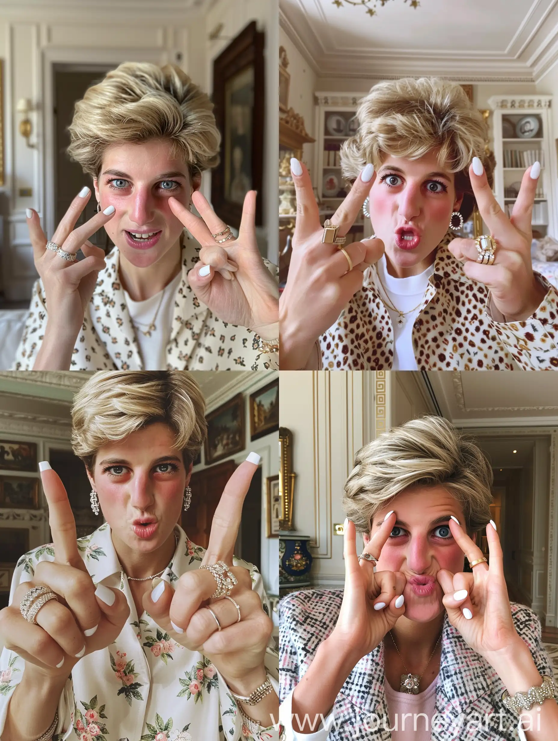 Aesthetic Instagram close up selfie: Princess Diana in fancy London flat, selfie, both hands up, rings, casual clothes, white gel nail polish, manicured, making a silly face 