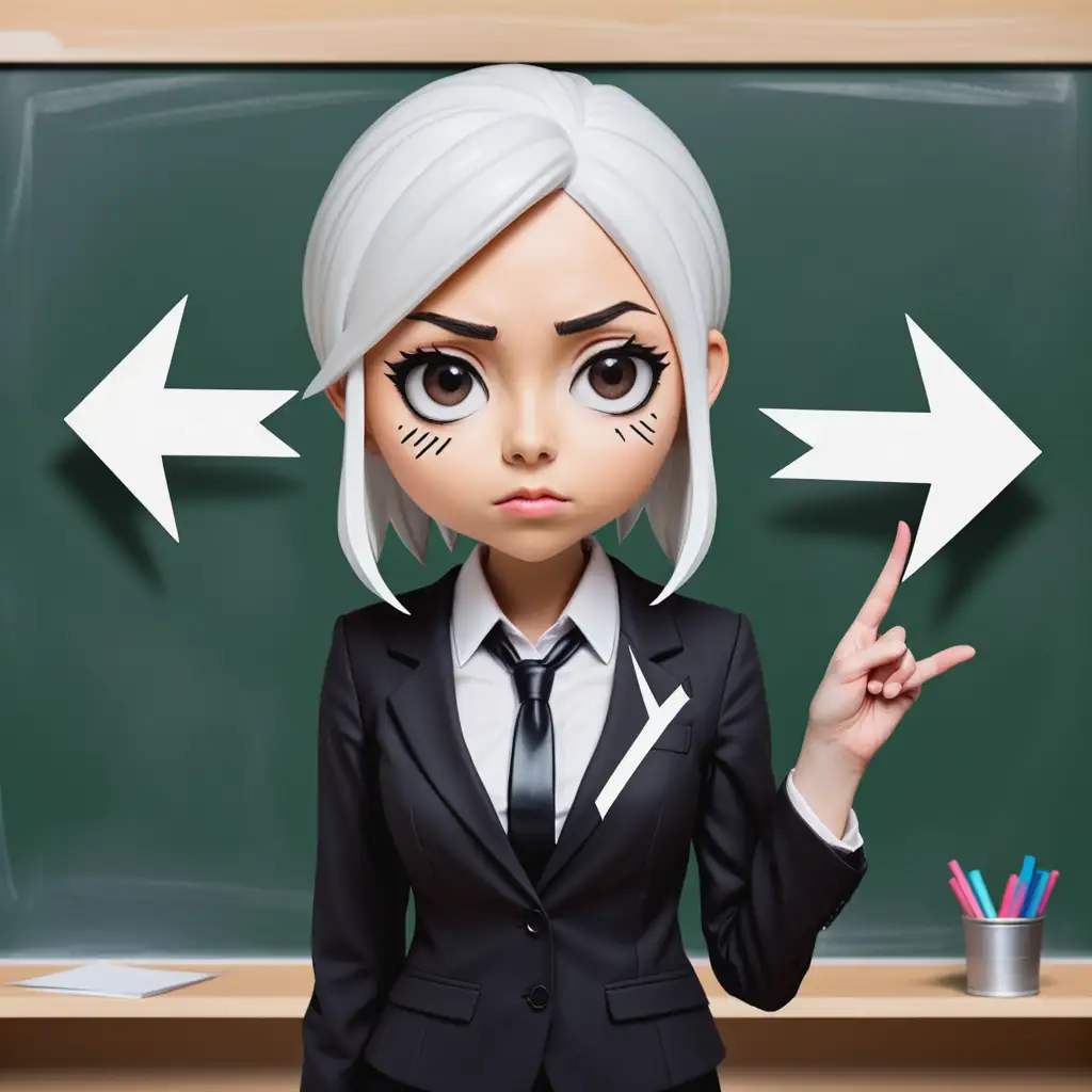 An anime character is portrayed as a confuse businesswoman with a white chalk arrow pointing in different directions on a blackboard, represented in a FUNKOPOP style.