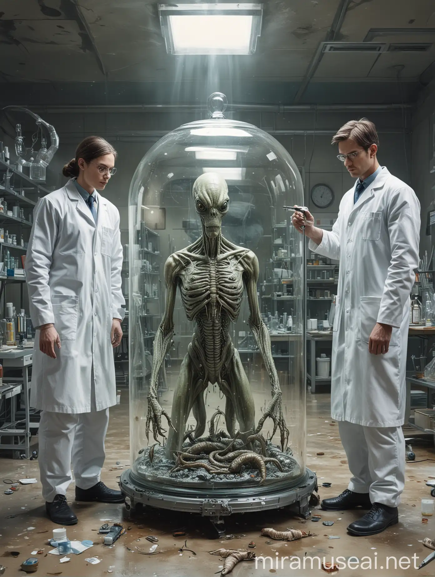 Detailed Painting of Scientists Studying Alien Specimen in Laboratory Setting