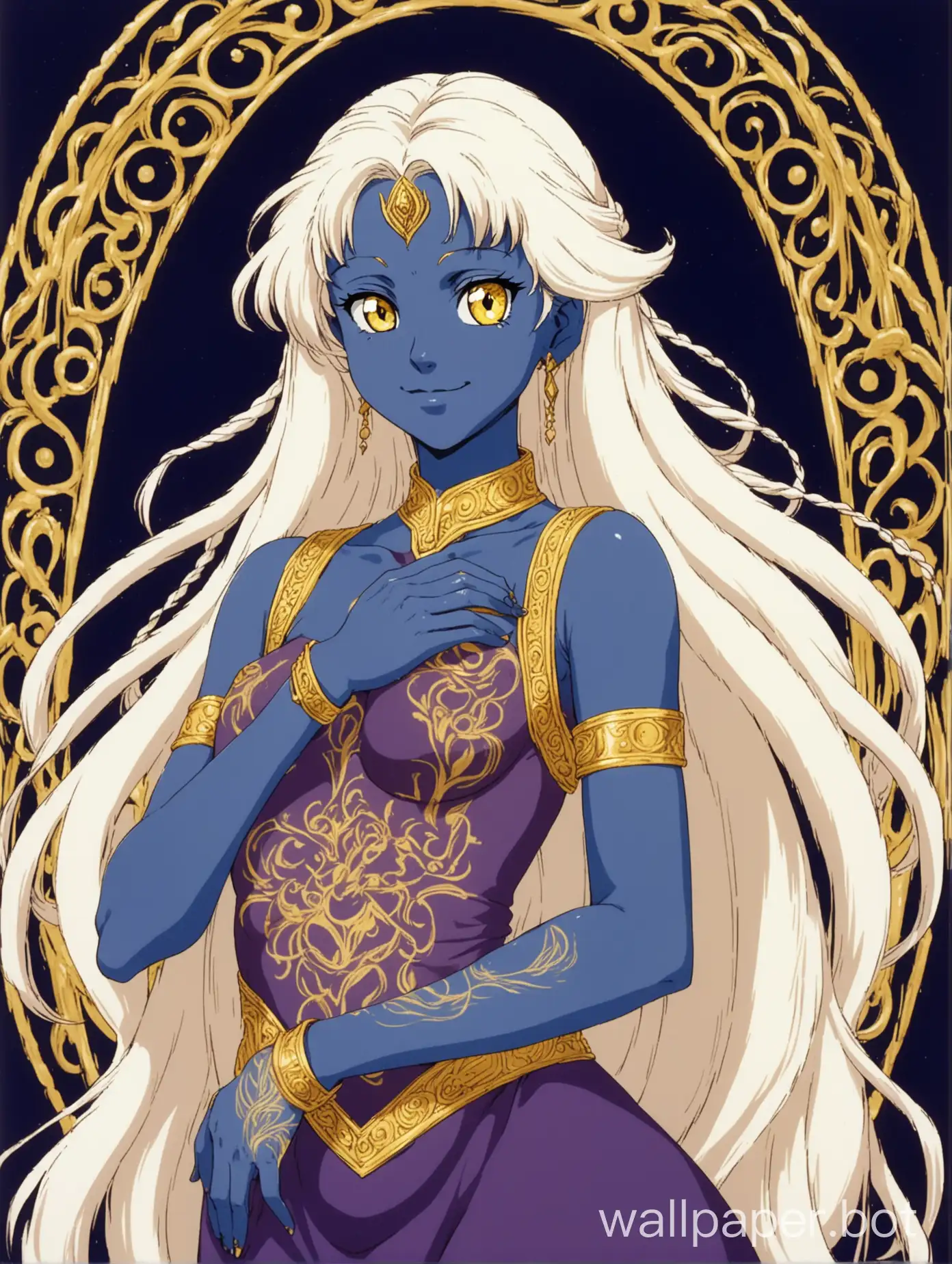 1980s retro anime, full body portrait of an attractive young woman standing regally, she has deep blue skin, indigo blush, yellow eyes, she has long messy loosely-braided white hair, small gold tattoos on her cheeks, mature face, smile, kind expression, sharp thin face, wearing a low-cut sleeveless skintight purple dress, gold tattoos on her arms, affectionate and pretty