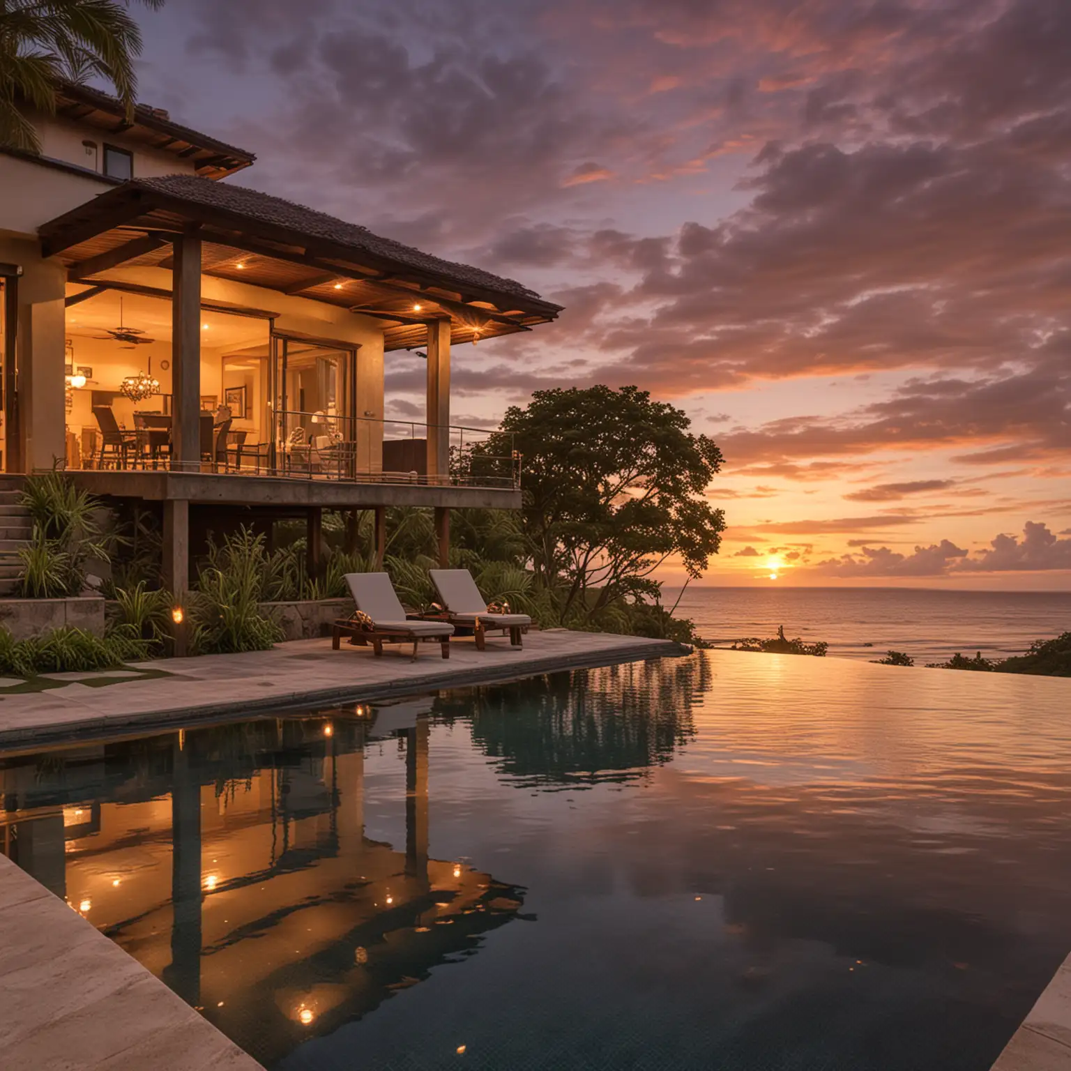 please create a photo of a ocean front property in costa rica with an infinity pool and outdoor living spaces at sunset with warm lighting.