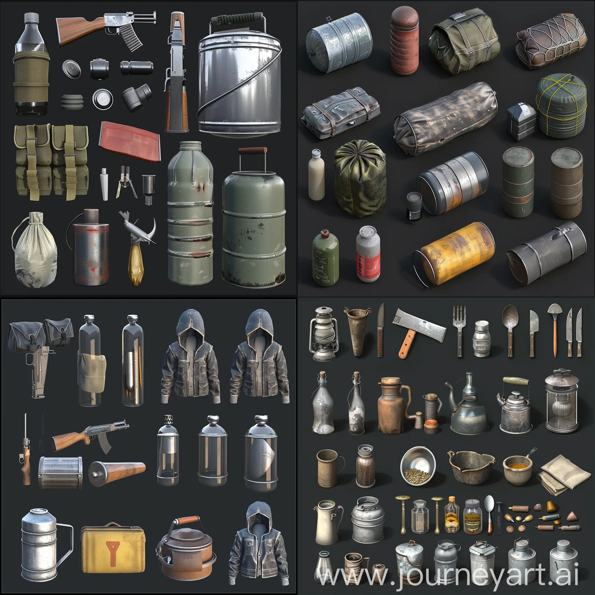 game assets for a game of survival zombie post apocalypse, survival items props are made in style of 3d blender high quality realistic 3d rendering, c4d, the various elements depicted in a realistic style with high resolution and attention to detail, all items are rendered in style of volumetric 3d object, on black background, items set, made in style of dayz stalker items props --chaos 30 --sref https://i.postimg.cc/jqPQCsxt/in-process.png https://i.postimg.cc/1zj2KMMk/image.png https://i.postimg.cc/J0D91g78/2024-04-05-044759707.png https://i.postimg.cc/3Ry5Mzdr/2024-05-05-151227005.png