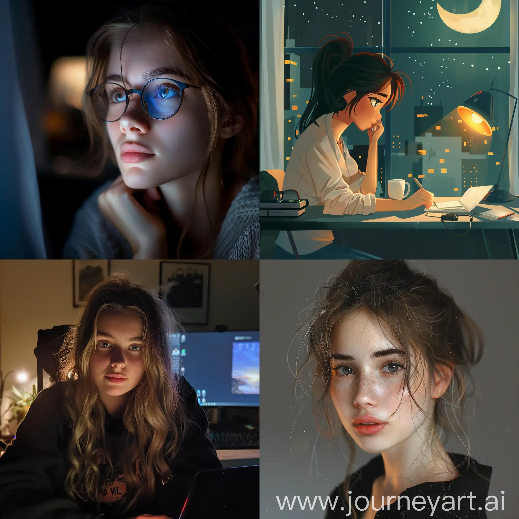 Young-Woman-Working-Late-at-Night-in-Modern-Office