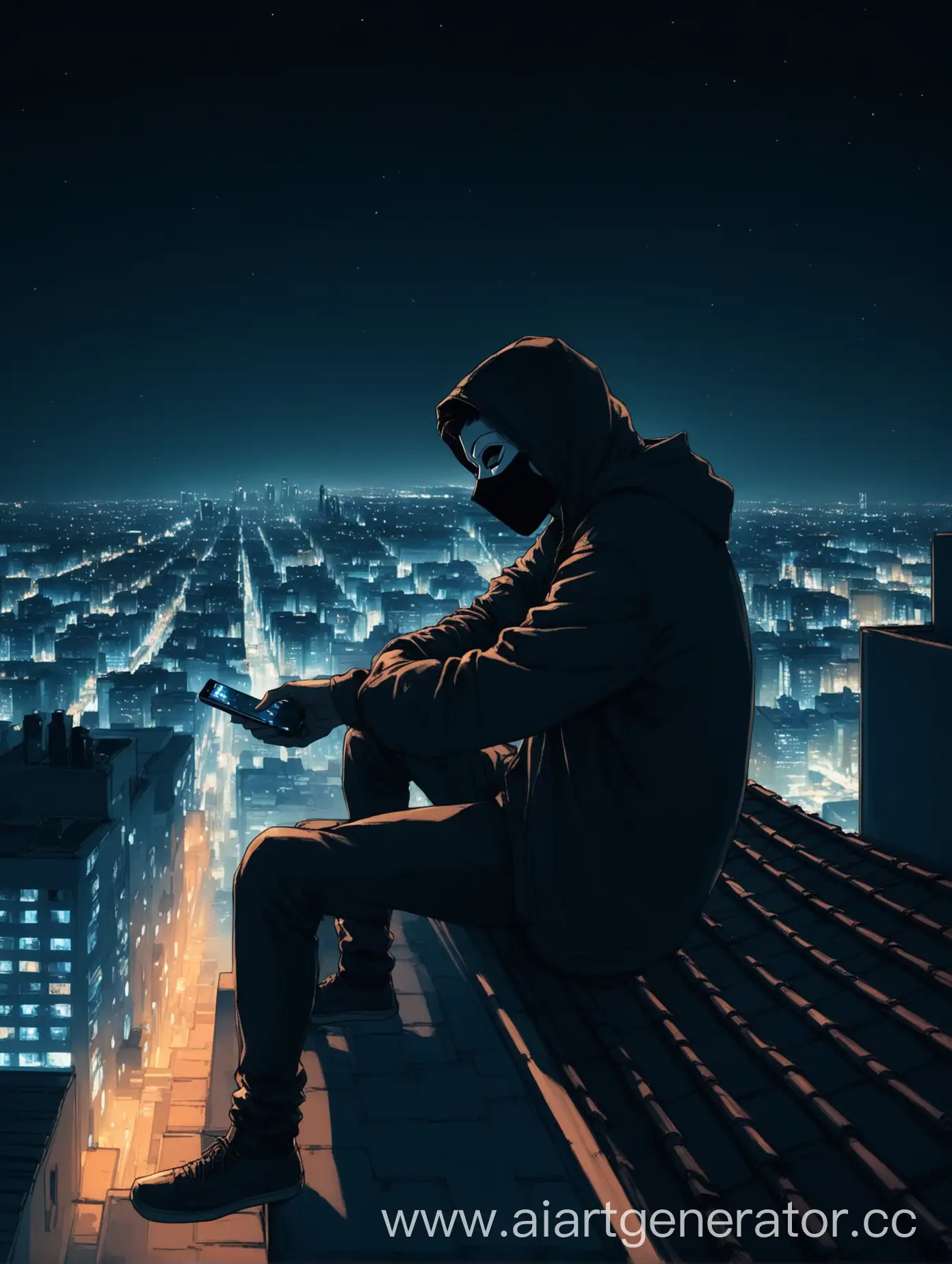 парень в маске сидит ночью на краю крыши и смотрит на ночной город, Рядом лежит телефон 