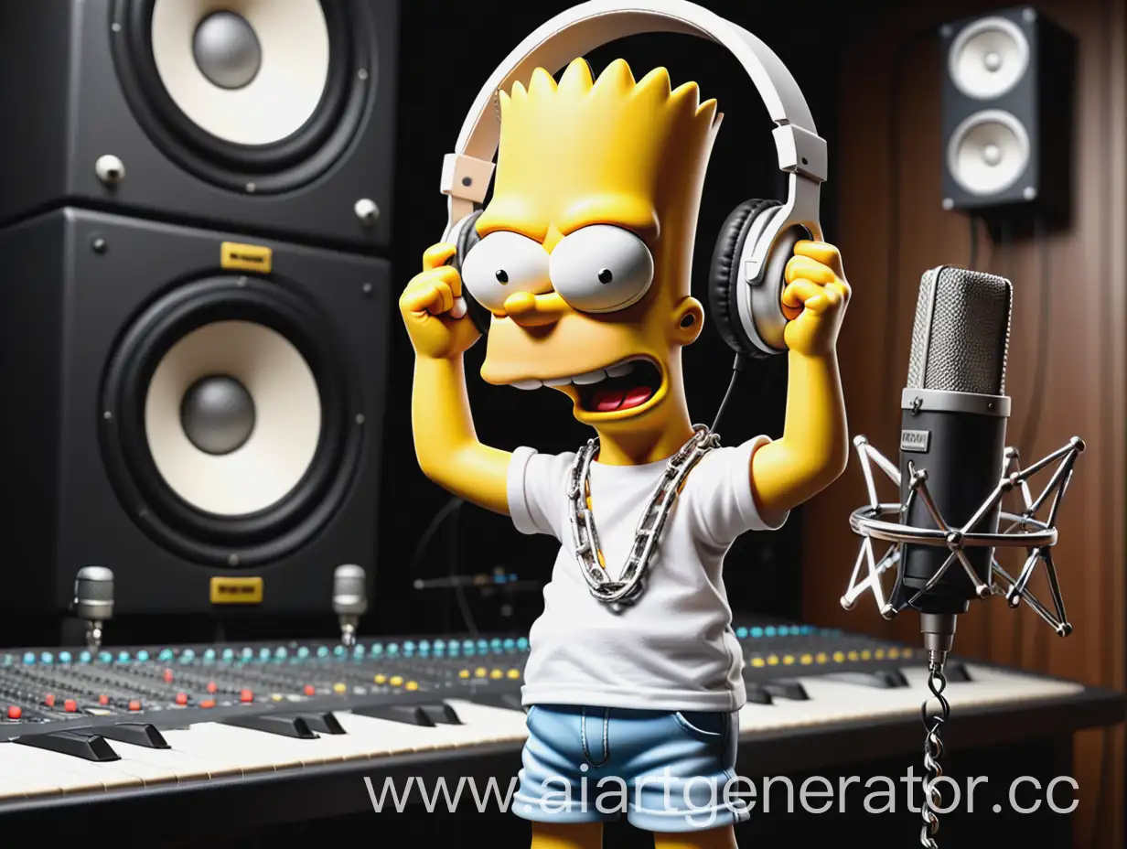 Барт Симпсон с цепями на студии звукозаписи в белых наушниках