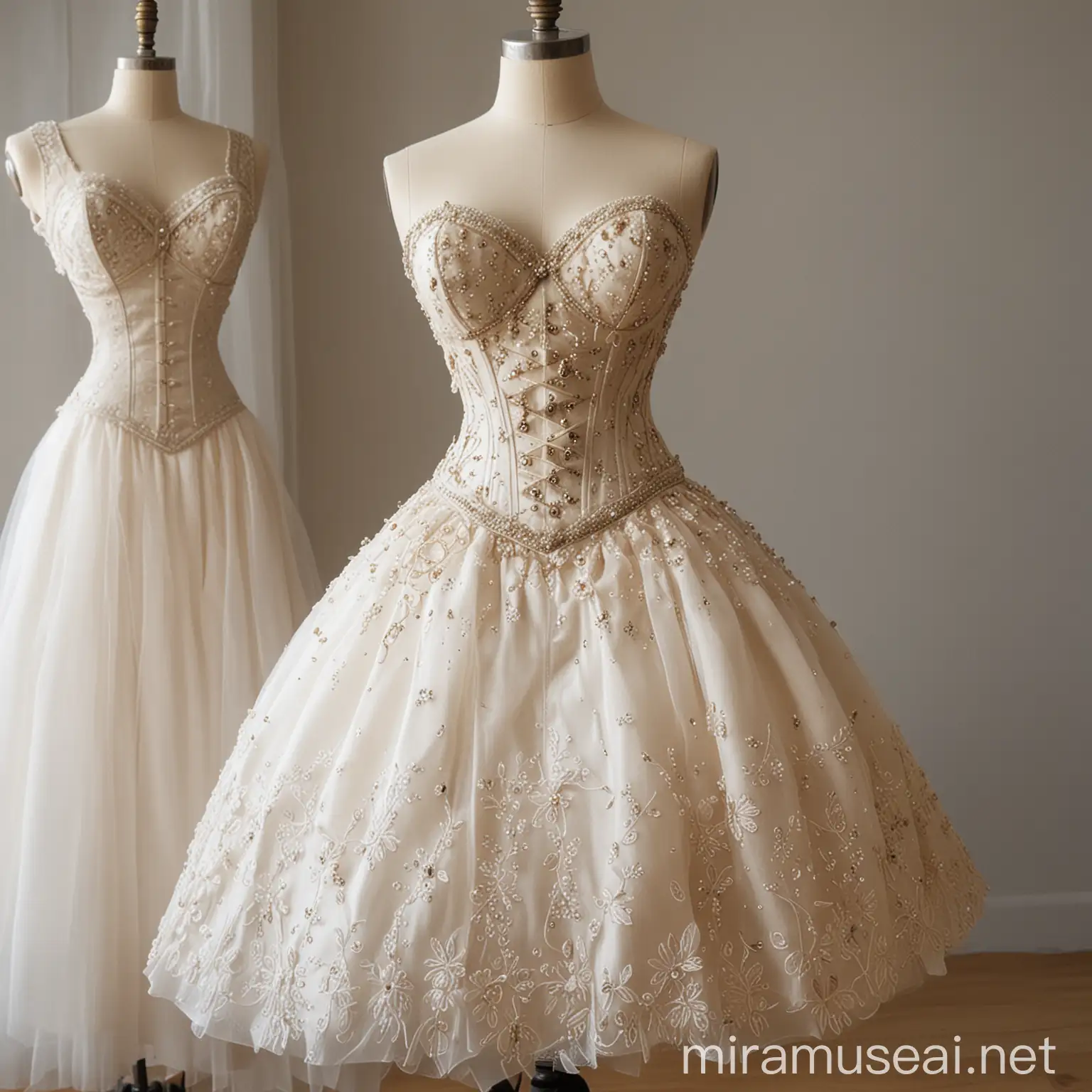 A Quinceañera dress on a mannequin, is in a fashion studio with sewing tools and a sewing machine near. The dress is white, has a corset with cups and bones visible, in tulle transparency, with embroidered tulle with stones. The skirt is double trumpet plate with 4 layers of glitter tulle with lining in Italian silk. It has embroidered tulle with stone applications on the waist and down the skirt.