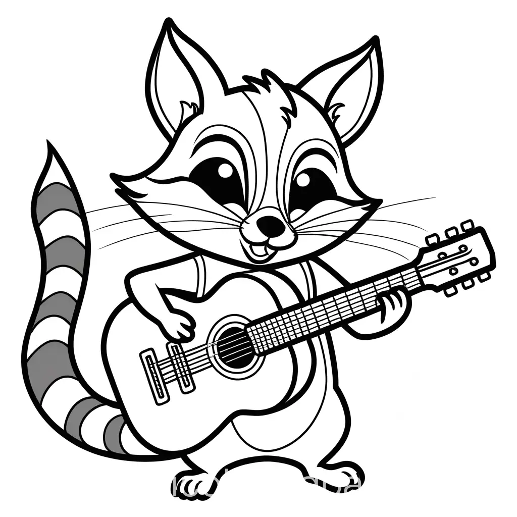 ratcoon playing the guitar coloring page clipart 

less detail




, Coloring Page, black and white, line art, white background, Simplicity, Ample White Space. The background of the coloring page is plain white to make it easy for young children to color within the lines. The outlines of all the subjects are easy to distinguish, making it simple for kids to color without too much difficulty