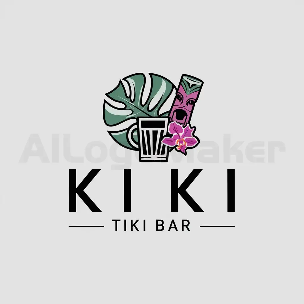 a logo design,with the text "Kiki tiki bar", main symbol:monstera, hawai, tiki mug, orchids,Minimalistic,be used in bar industry,clear background