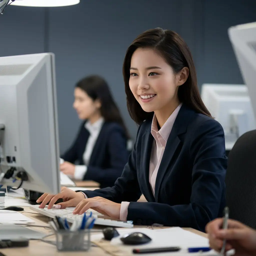In the office, a beautiful young Asian professional woman sits at her desk, 5 years old, smart, beautiful, generous, smiling, focused on her work on the computer. She was dressed in formal business clothes and her hair was neatly combed. And uses a variety of office software and tools to accomplish her tasks. The whole scene is full of professional, efficient and positive atmosphere
