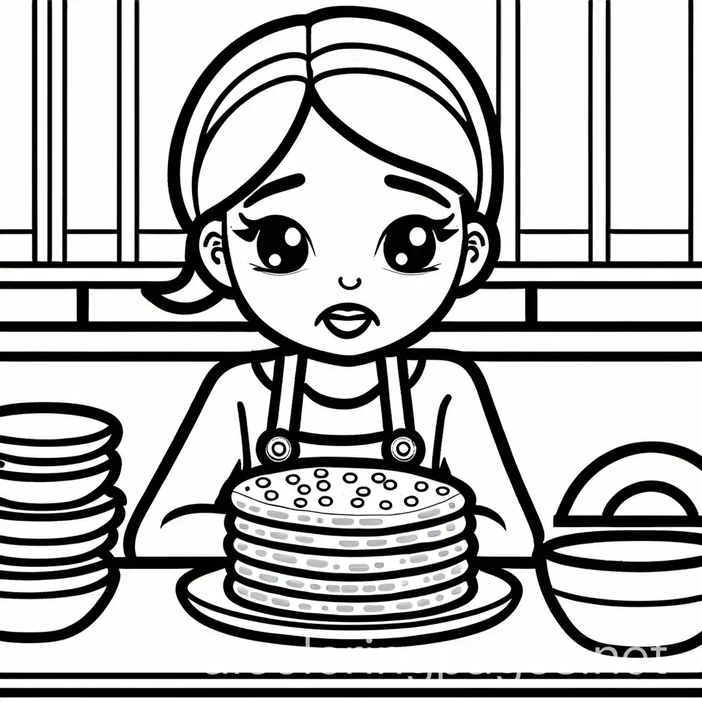 angry looking crunchy pancakes spanking a girl, Coloring Page, black and white, line art, white background, Simplicity, Ample White Space. The background of the coloring page is plain white to make it easy for young children to color within the lines. The outlines of all the subjects are easy to distinguish, making it simple for kids to color without too much difficulty