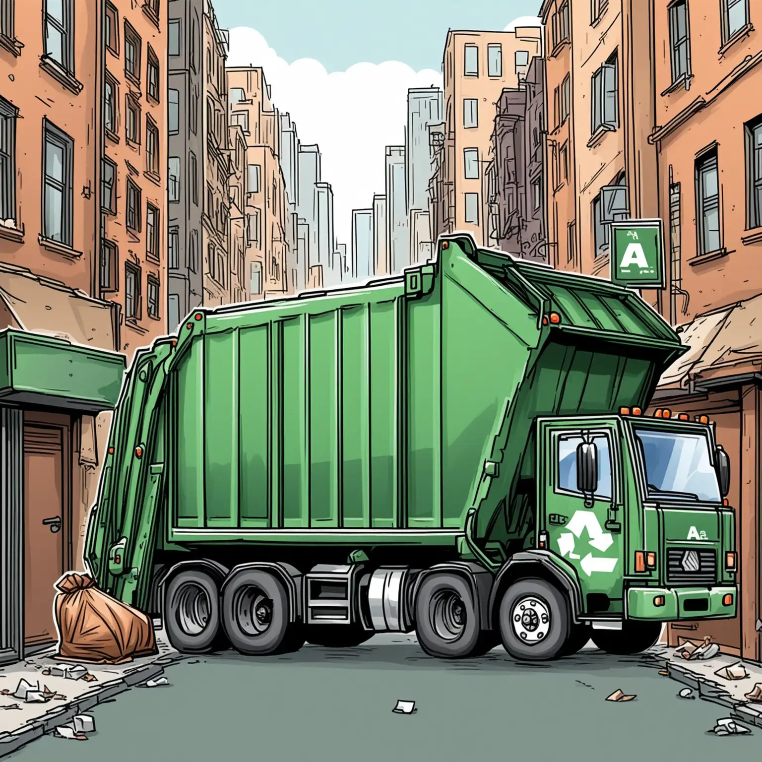 Draw a cartoon image of a a garbage truck driving in the backstreets of a big city