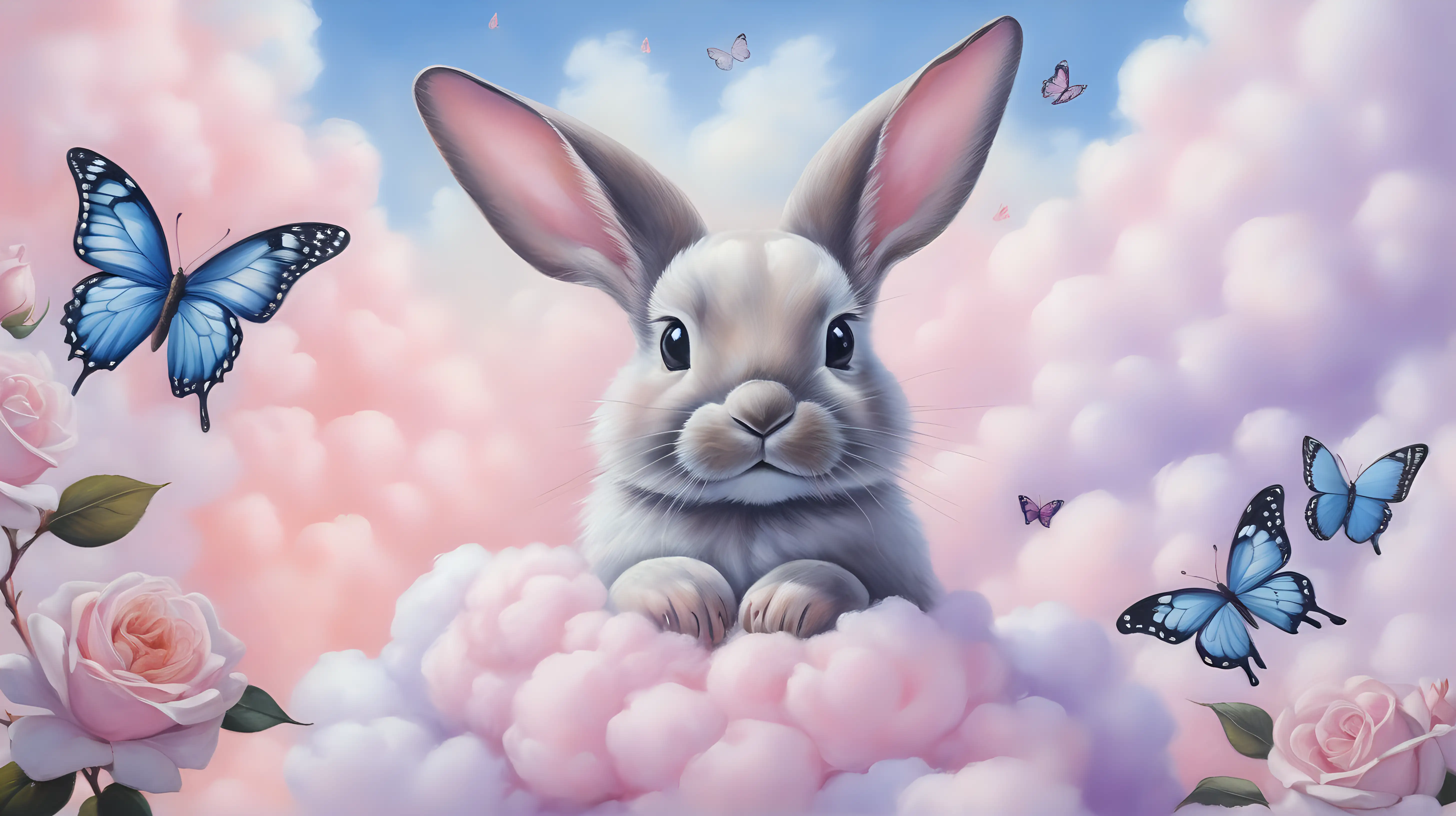 oil painting of a cute rabbit and butterfly (#3F00FF) and a rose cupcake. Surrounded by pastel pink and purple cotton candy flowers and white cotton candy clouds. #F8C8DC