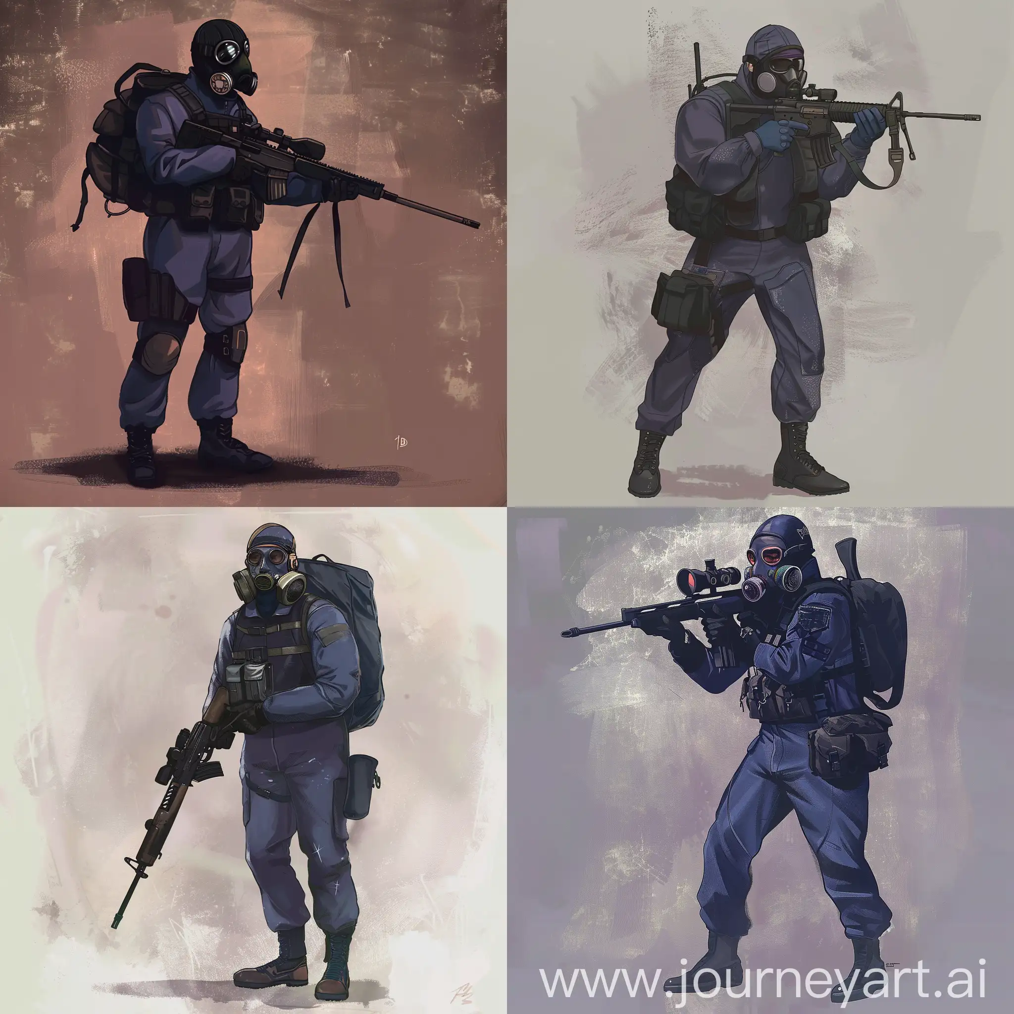 Concept character art, dark purple military jumpsuit, hazmat protective gasmask on his face, small military backpack, military unloading on his body, sniper rifle in his hands.