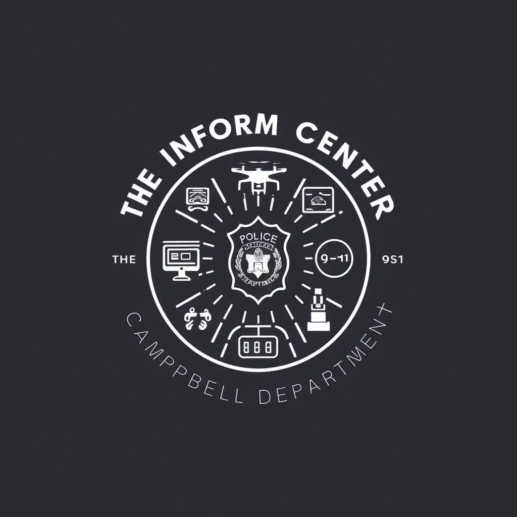 a logo design,with the text "INFORM Center - Campbell Police Departmen", main symbol:create a circular logo should be in line with the style of our drone program's logo. Specifically, the logo should incorporate: - A police badge - Technology icons/graphics - 9-1-1 dispatcher icon/graphics,Moderate,clear background