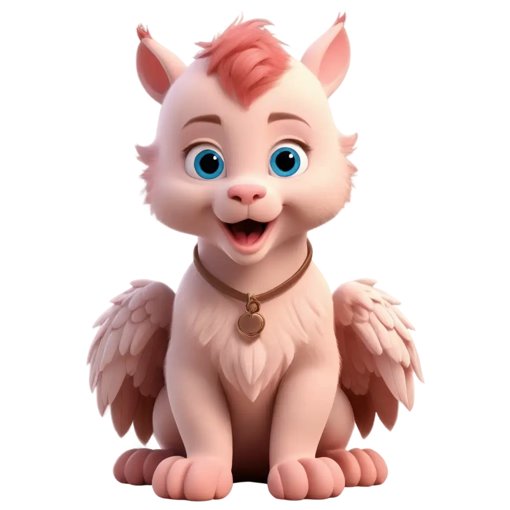 Cute pink cartoon baby griffin sitting with blue eyes