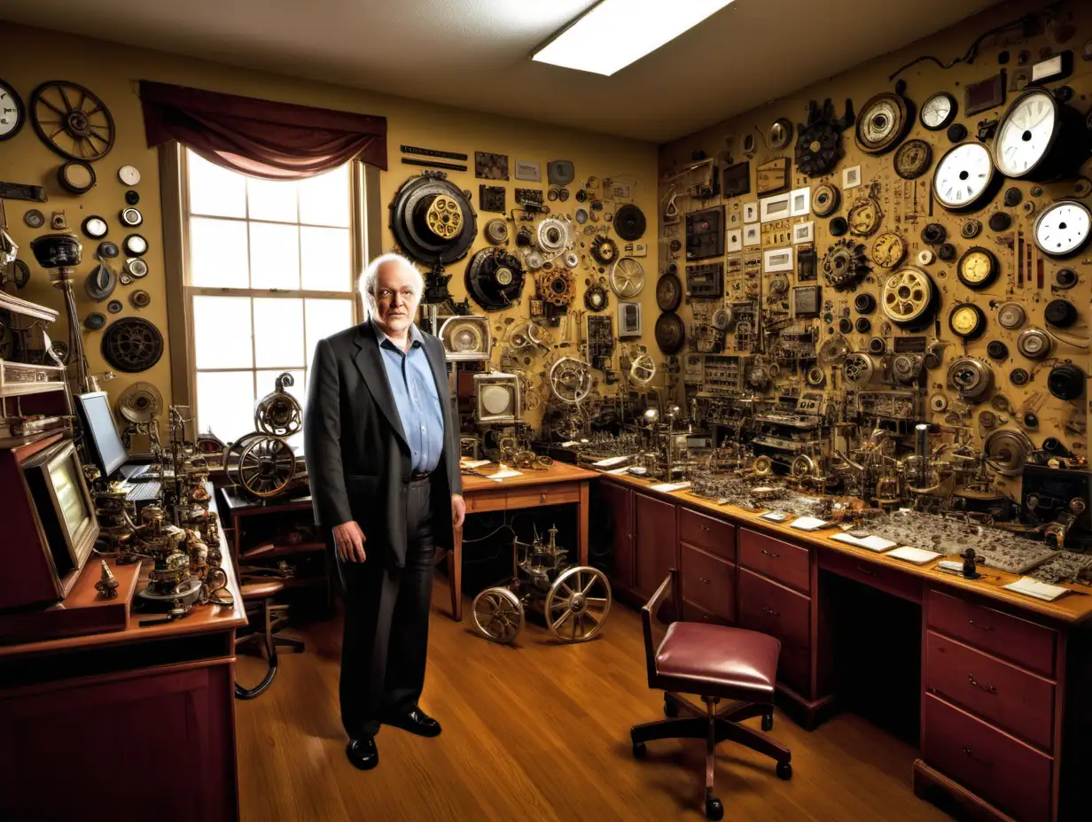 Inventor Surrounded by Eccentric Inventions