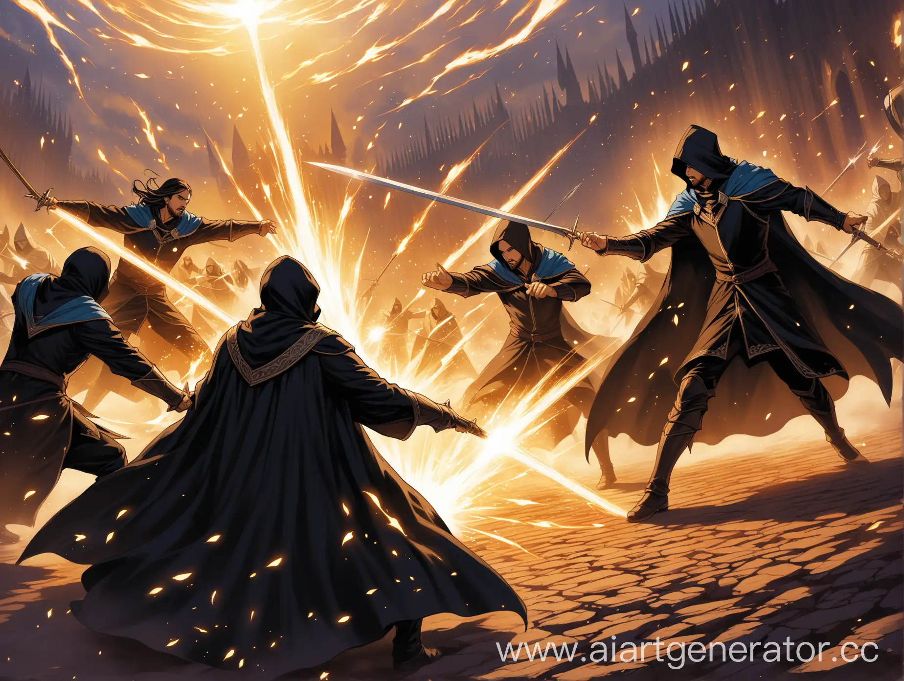 Epic-Battle-Four-Mages-vs-Two-Knights-in-Black-Cloaks