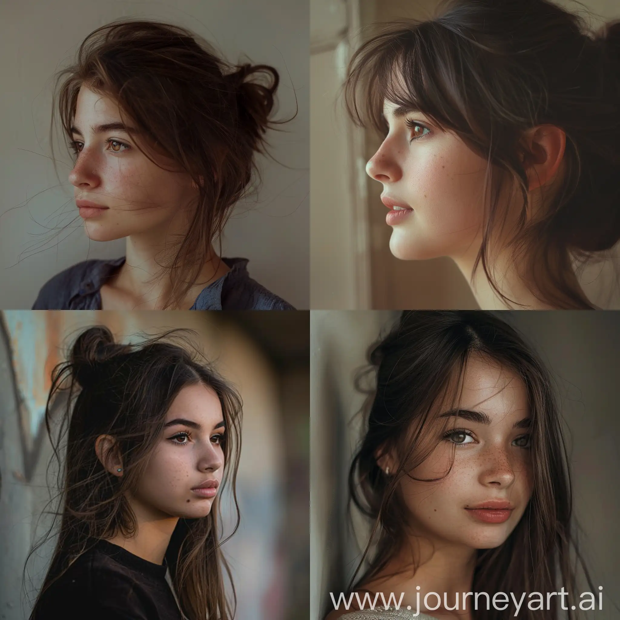 Photo of a waist-high girl in semi-profile or profile, slight smile, nose with a hunch, brown straight hair or a bundle on the head, brown eyes, artistic background, aesthetically pleasing.