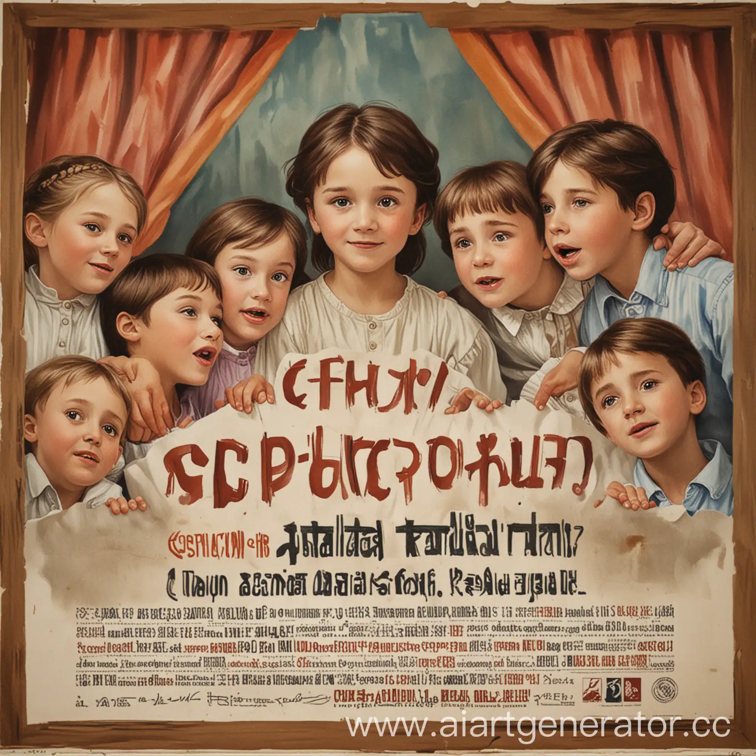 Рекламный постер о драматерапии. где дети играют  в театр. Сбоку написано русскими буквами " Коррекционно-развивающая программа по развитию коммуникативных навыков"