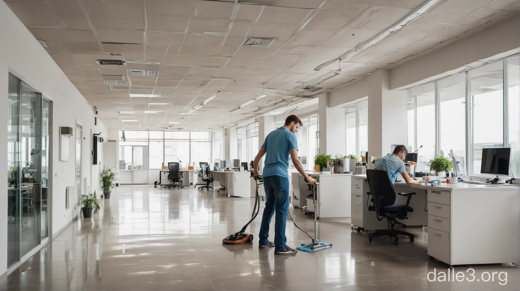 Personne qui nettoie l'intérieur d'une entreprise (les bureaux) avec soin et minutie