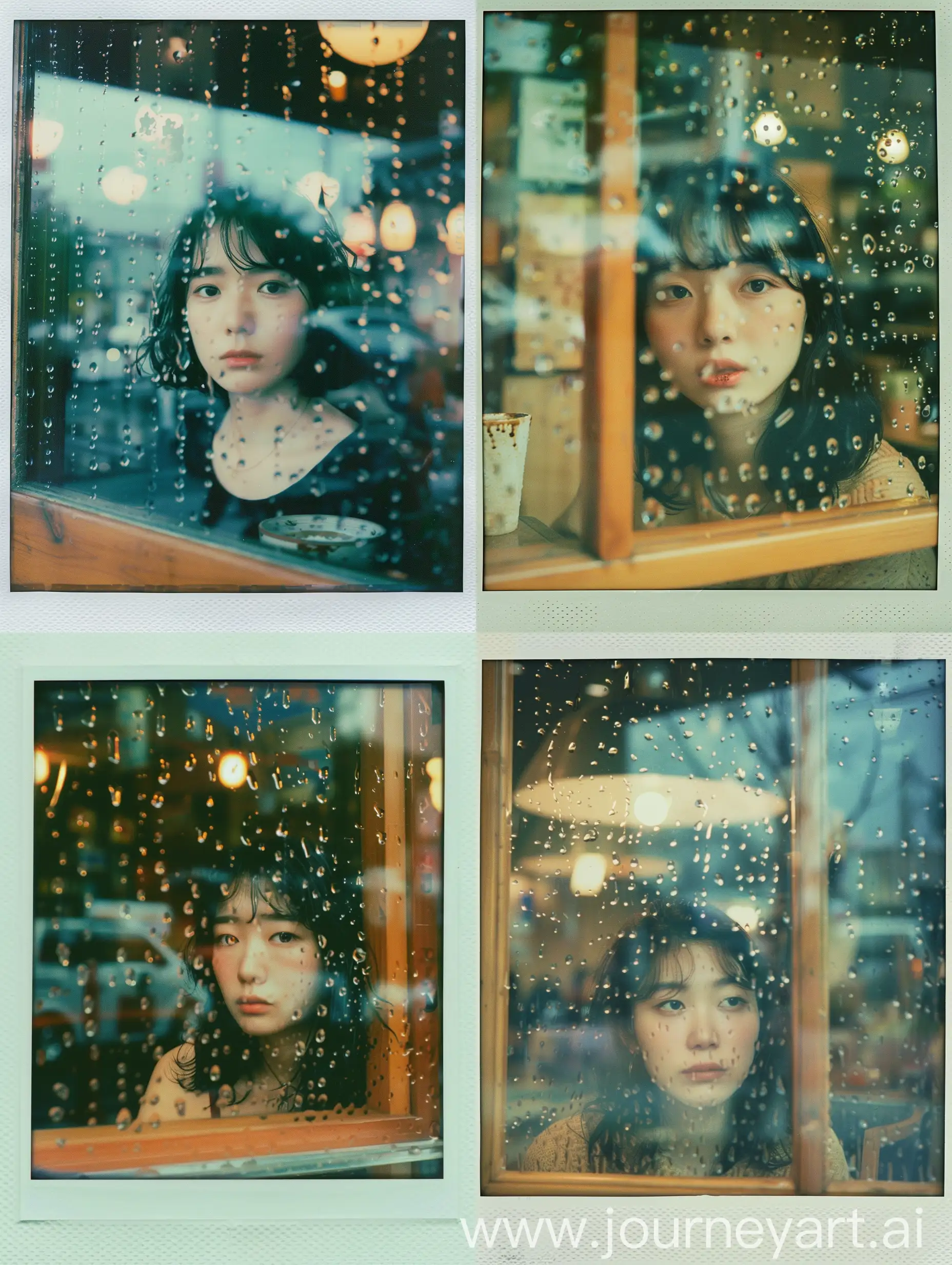 Asian-Woman-Contemplating-Rainy-Day-in-Cafe-Nostalgic-Atmosphere-with-Strong-Reflections-and-Film-Grain