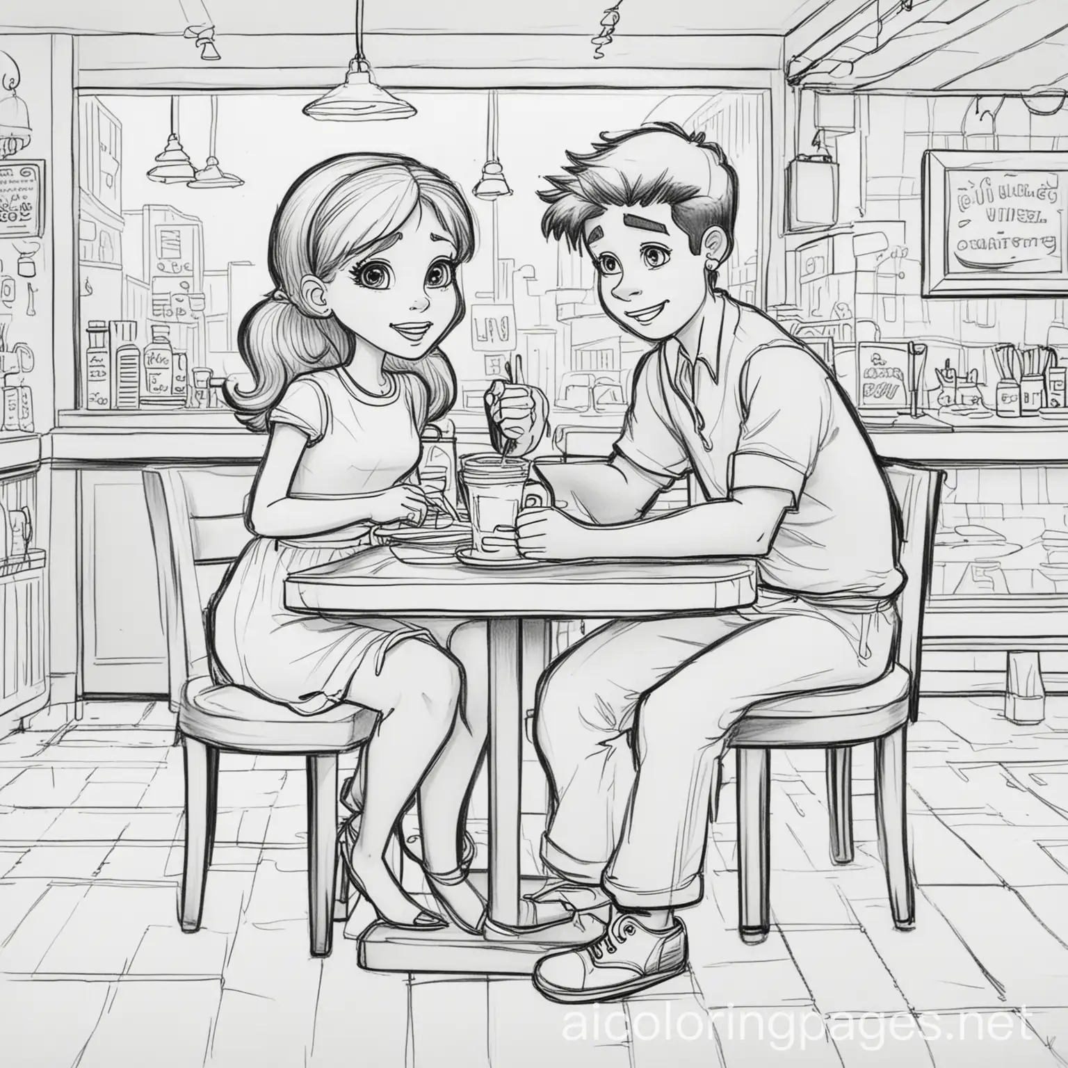 A cartoon boy on a date with a carton Girl at a quirky diner in a ghetto, featuring eccentric waitstaff 
 Adult Coloring Page, black and white, line art, white background, Simplicity, Ample White Space
, Coloring Page, black and white, line art, white background, Simplicity, Ample White Space. The background of the coloring page is plain white to make it easy for young children to color within the lines. The outlines of all the subjects are easy to distinguish, making it simple for kids to color without too much difficulty