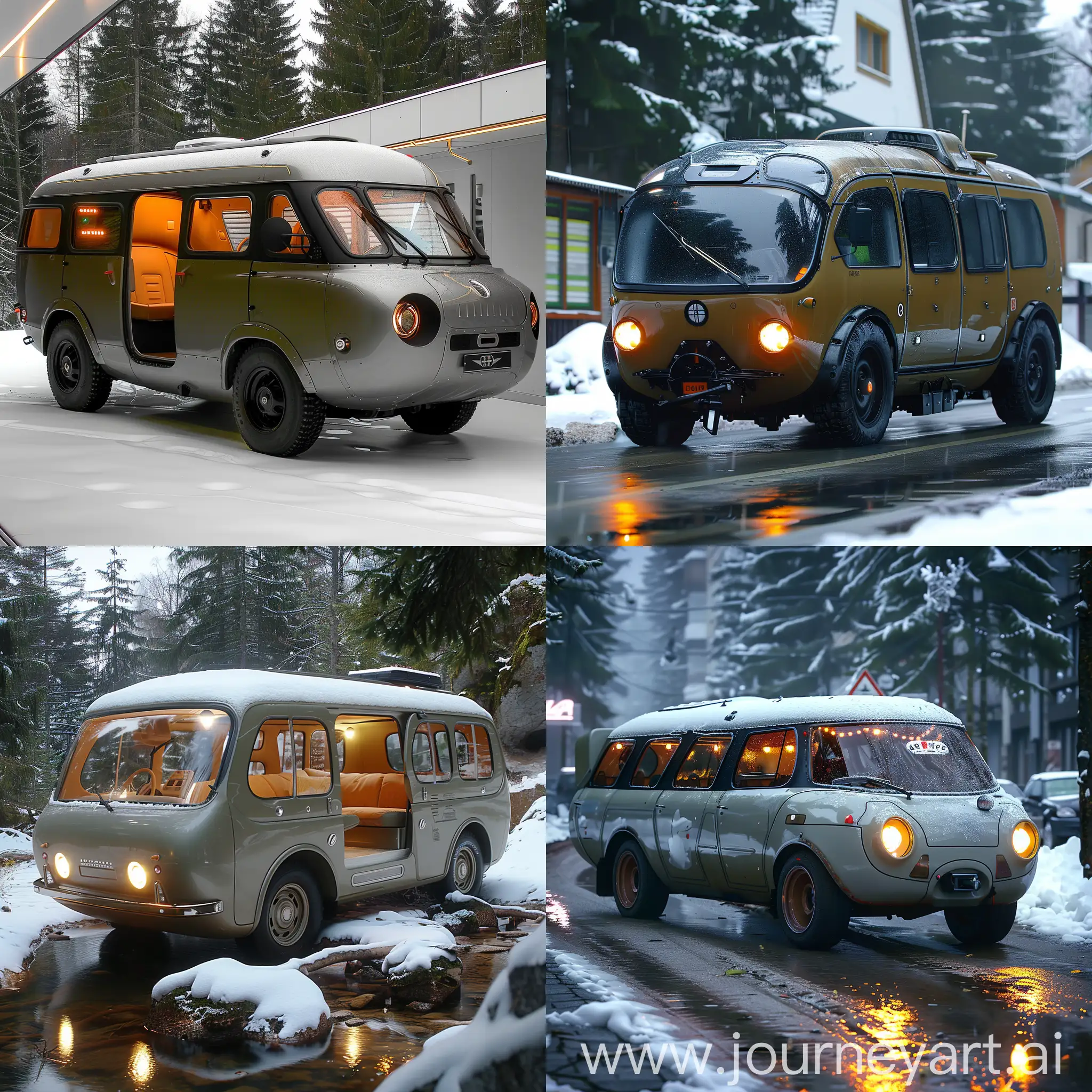 Futuristic:: UAZ-452 https://upload.wikimedia.org/wikipedia/commons/a/a1/UAZ-Bus.jpg, Autonomous driving capabilities, Augmented reality windshield displa, Biometric recognition system, Interactive holographic dashboard, Adaptive aerodynamics, Sustainable materials, Integrated health monitoring system, Multi-functional interior design, Energy-efficient lighting, Advanced connectivity features, Lightweight and durable materials, Aerodynamic design, Advanced suspension system, Electric drivetrain, Advanced safety features, Smart connectivity, Customizable interior, Advanced lighting technology, Intelligent off-road capabilities, Sustainable design principles, octane render --stylize 1000